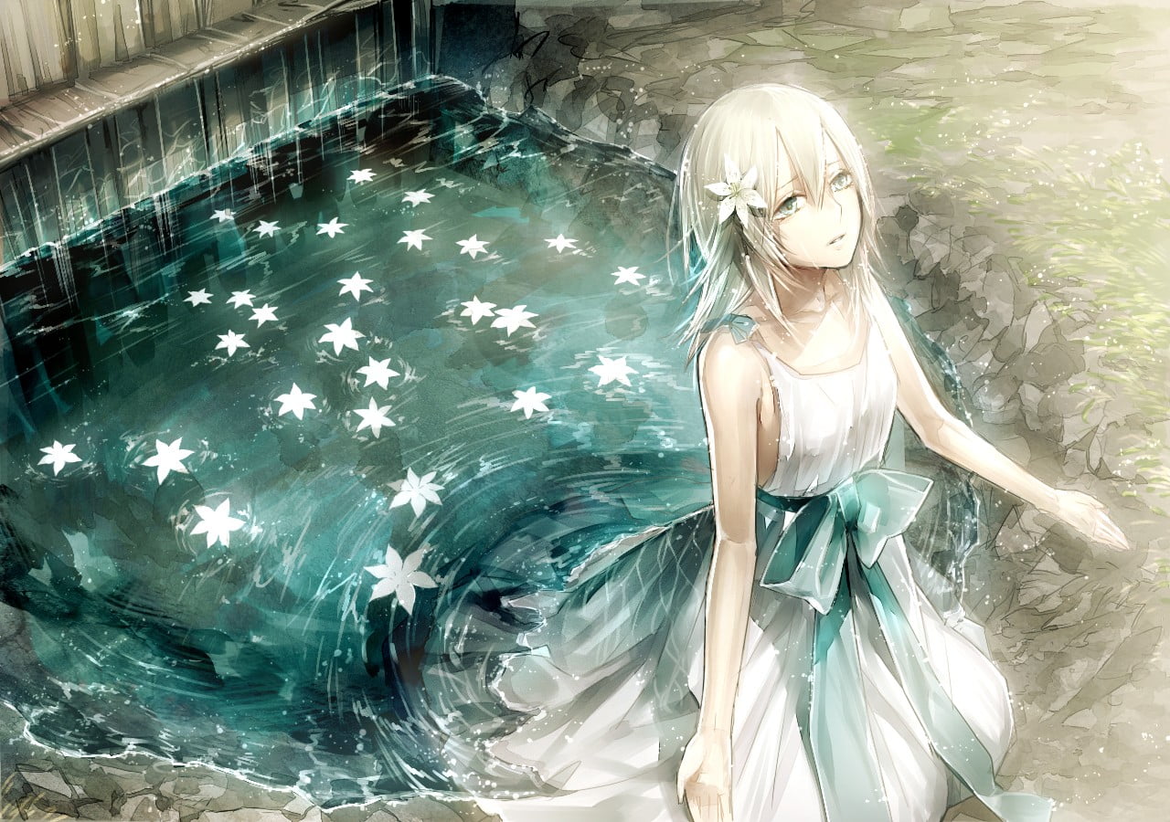 representation, pool, gray, waterfront, Yonah (Nier), high angle view, flowers, adult, haired, water, white dress, beautiful woman, anime, hairstyle, ribbon, HD Wallpaper