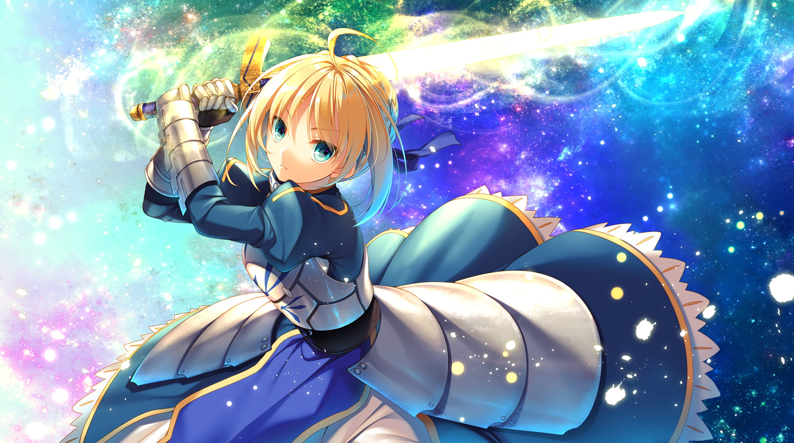 weapon, ribbons, human representation, short hair, lifestyles, armor, multi colored, blonde, blue eyes, real people, celebration, digital composite, illuminated, HD Wallpaper