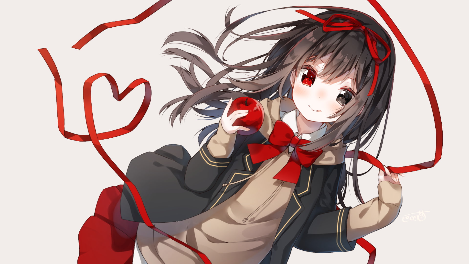 glasses, red, fashion, young women, women, anime girl, heart, black color, listening, cute, hairstyle, brown hair, indoors, close-up, high angle view, white background, HD Wallpaper