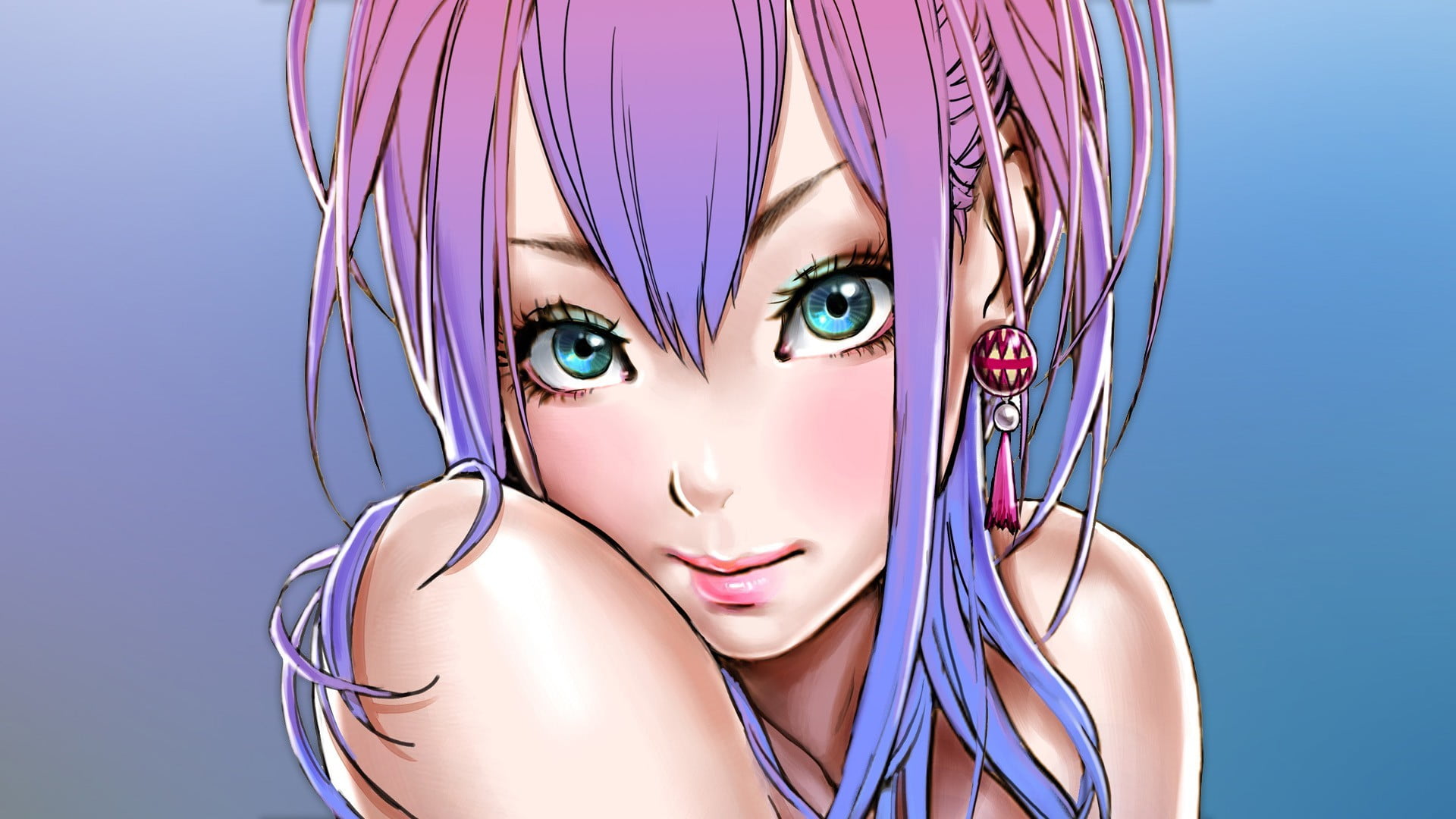 women, looking at camera, blue, females, human face, studio shot, purple, blue background, hairstyle, beauty, anime girls, young adult, blue eyes, make-up, HD Wallpaper