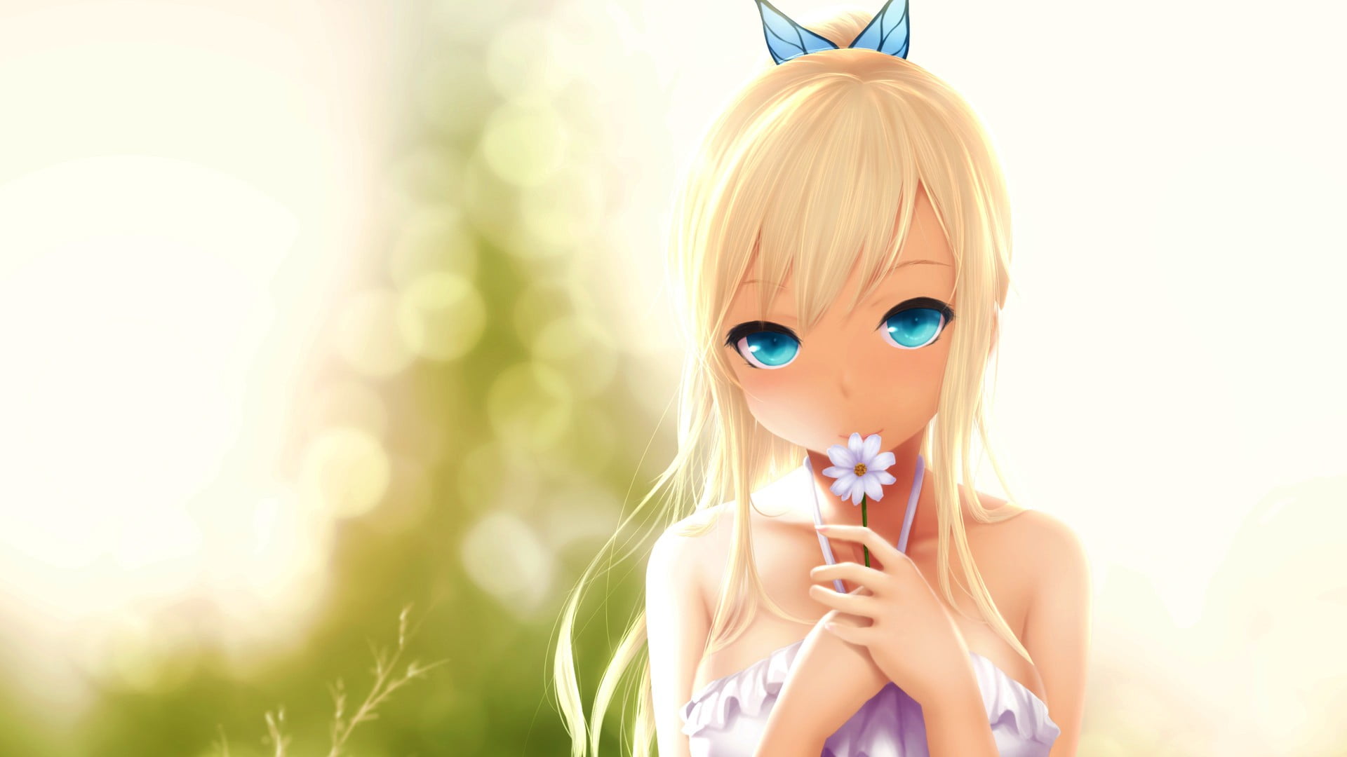 flowers, hair, soft shading, positive emotion, Kashiwazaki Sena, young adult, blonde, lifestyles, summer, happiness, anime girls, blond hair, ponytail, HD Wallpaper