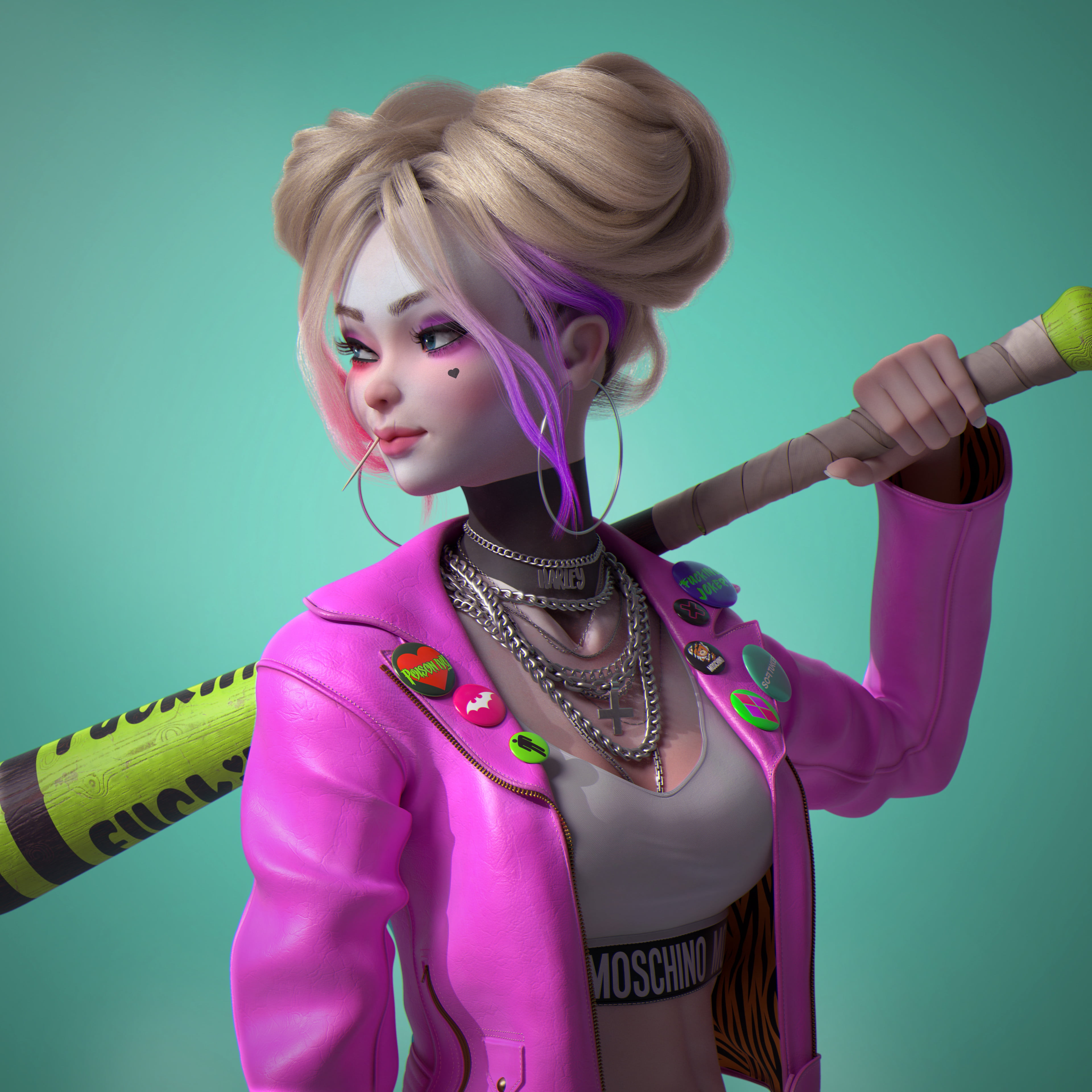 4K, Harley Quinn, hair, Harleen Frances Quinzel, character design, illustration, colorful, pins, Batman logo, DC Comics, Joker, Phone HD Wallpaper