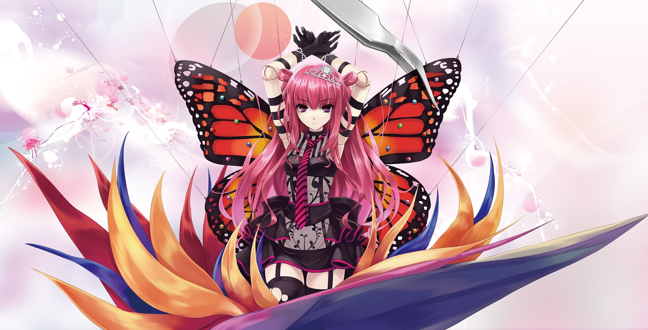 girl, flower, women, character, digital composite, wings, multi colored, art, representation, standing, pins, fashion, indoors, pink, doll, beatmania, looking at camera, HD Wallpaper