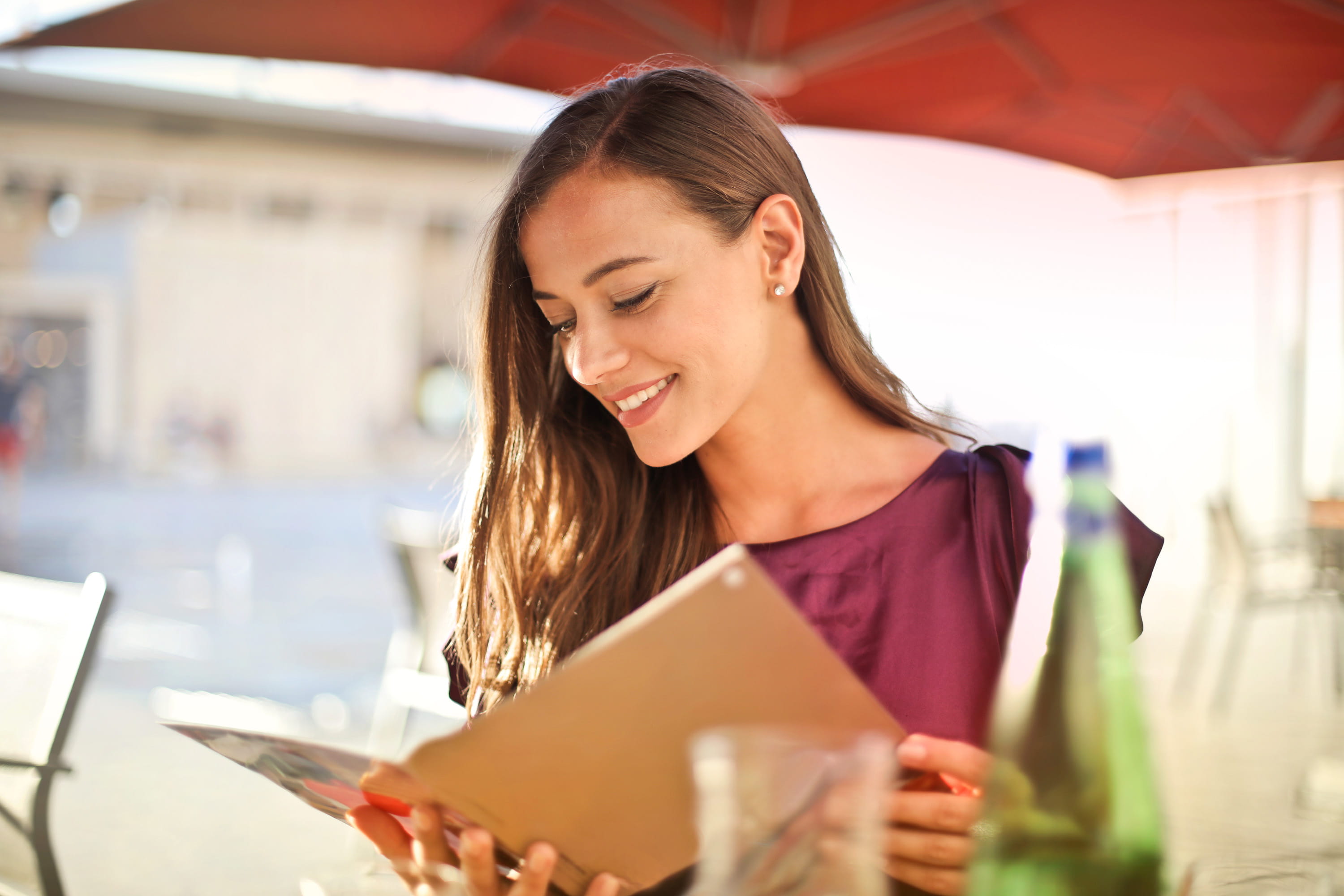 day light, Happy, reading, young adult, computer, red, Bar, dress, 2K, open air restaurant, Chair, outdoor, restaurant, food, long hair, looking down, HD Wallpaper