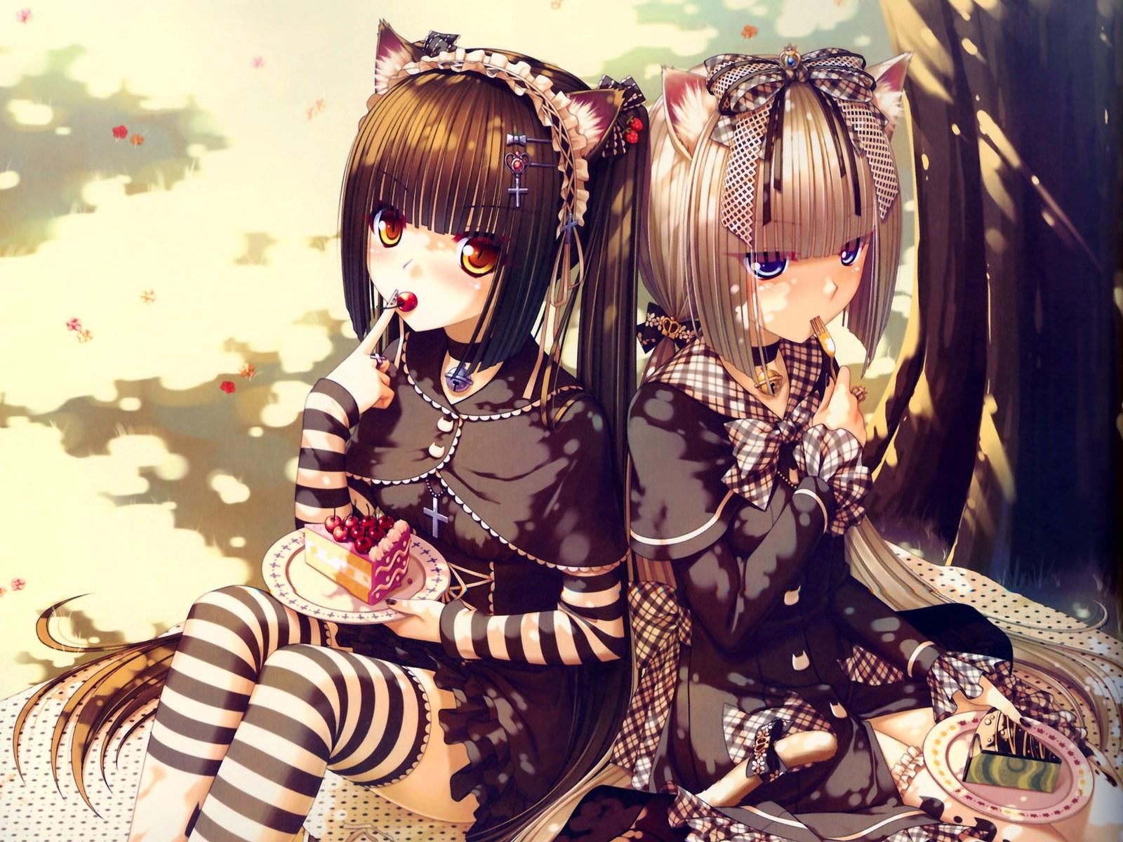 white eyes, anime, Vanilla (Neko Para), anime games, fan art, choker, Gothic, hair ribbon, dress, chocola Nekopara, animal ears, cake, blue eyes, emo, bangs, HD Wallpaper
