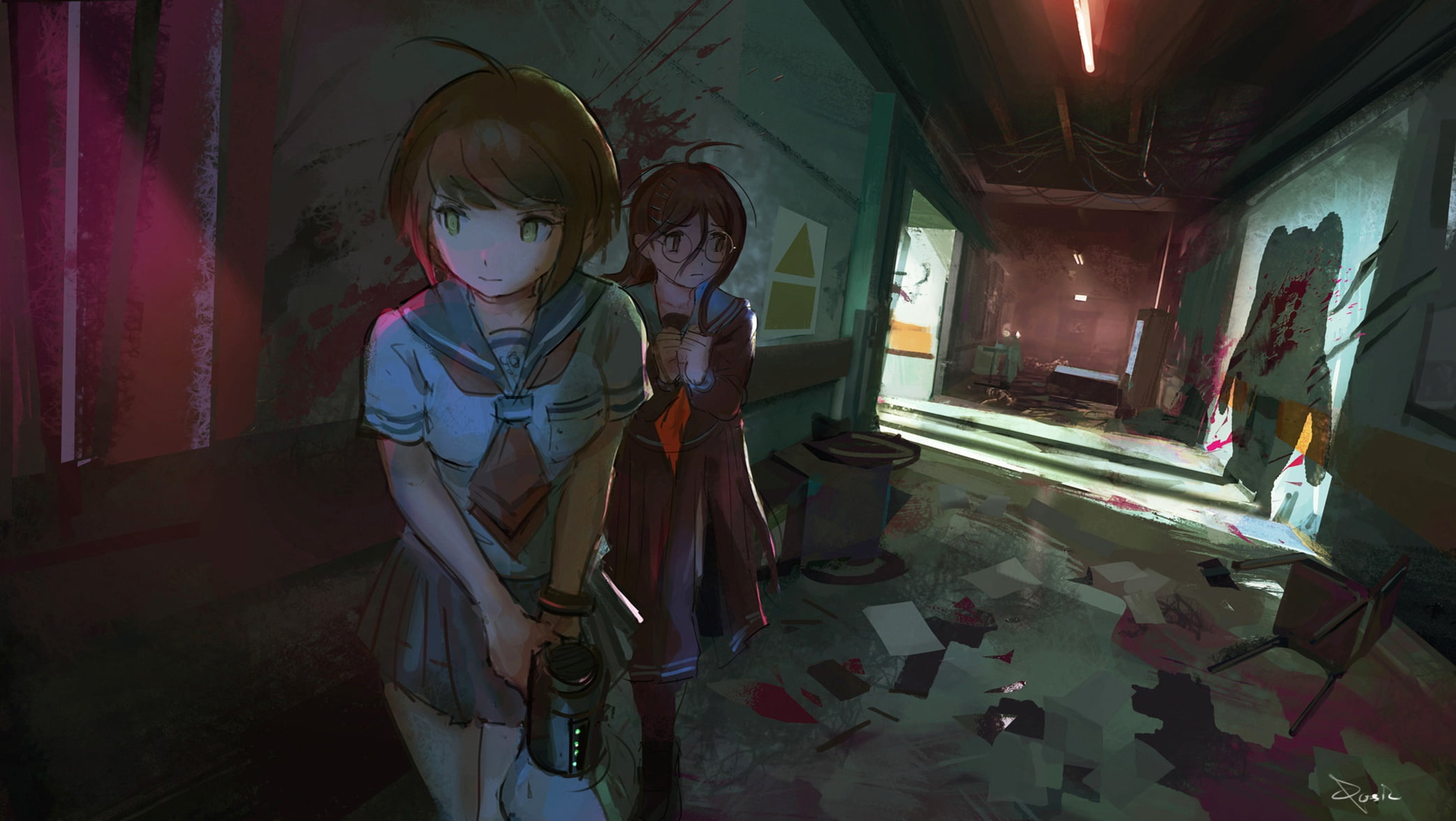 devastation, a pool of blood, Danganronpa 2, Schoolgirls, Chiaki Nanami, fear, Danganronpa 2 Goodbye Despair, corridor, 1080P, in the dark, blood on his, HD Wallpaper