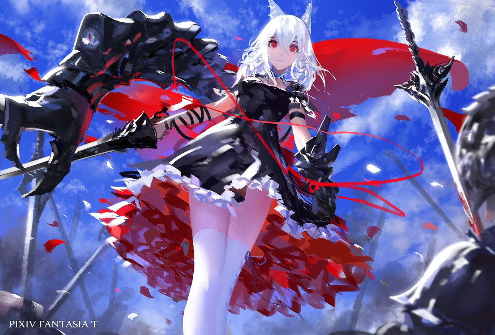 highs, Anime Girls, Black Dress, blood, anime, sword, Skirt, Red Eyes, 720P, White Hair, Pixiv Fantasia, knee, Animal Ears, weapon, HD Wallpaper