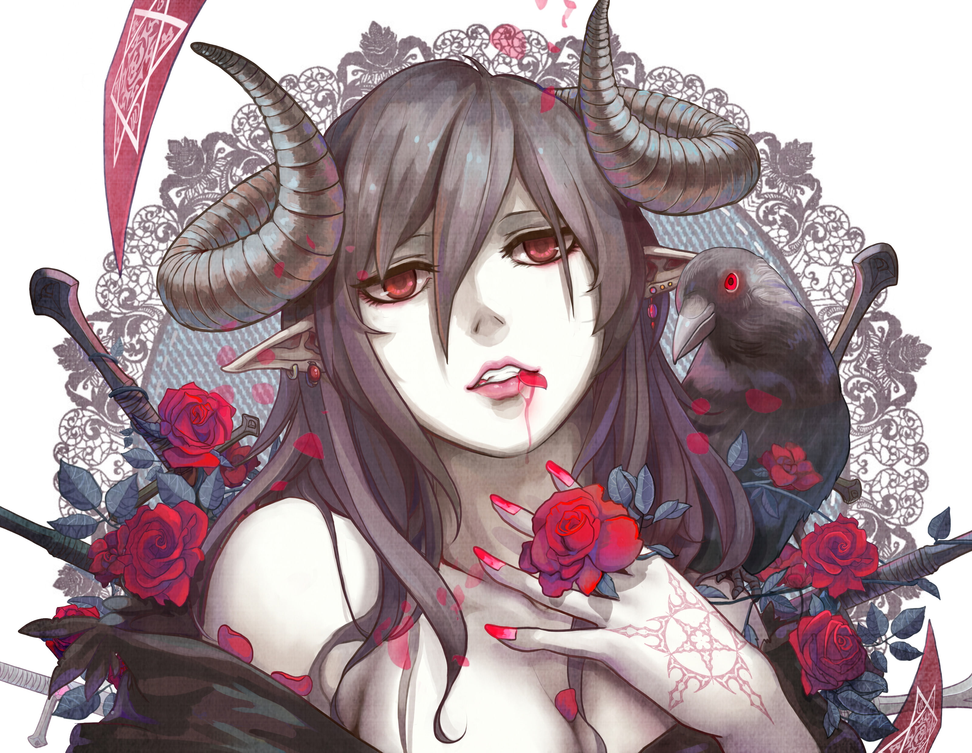Original, Horns, Long Hair, Crow, Red Eyes, 2K, Blood, Black Hair, Anime, Girl, Fantasy, Rose, Bird, HD Wallpaper