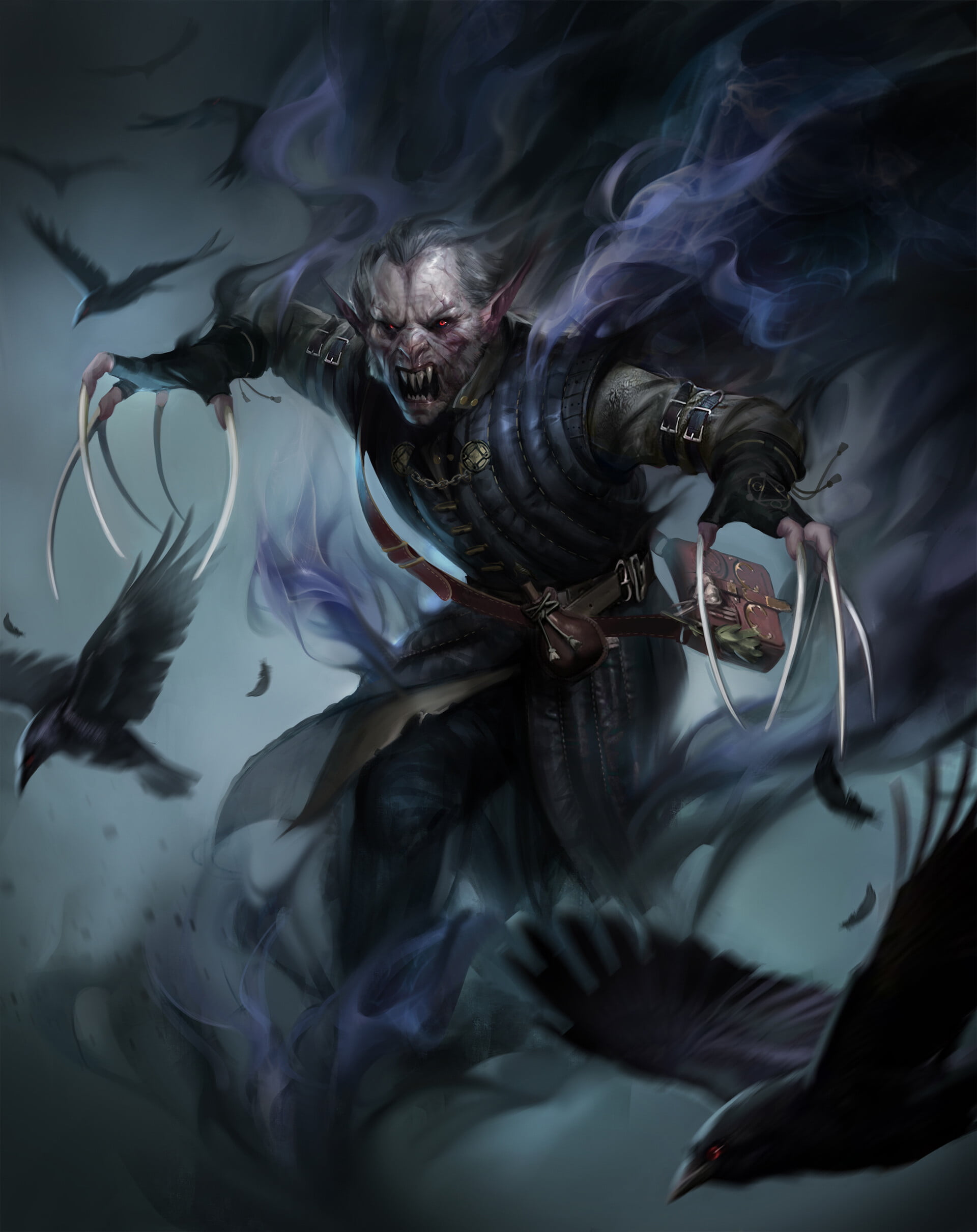 men, Darya Kozhemyakina, feathers, artwork, The Witcher 3: Wild Hunt - Blood and Wine, The Witcher, red eyes, fangs, digital art, digital painting, looking at viewer, Phone HD Wallpaper