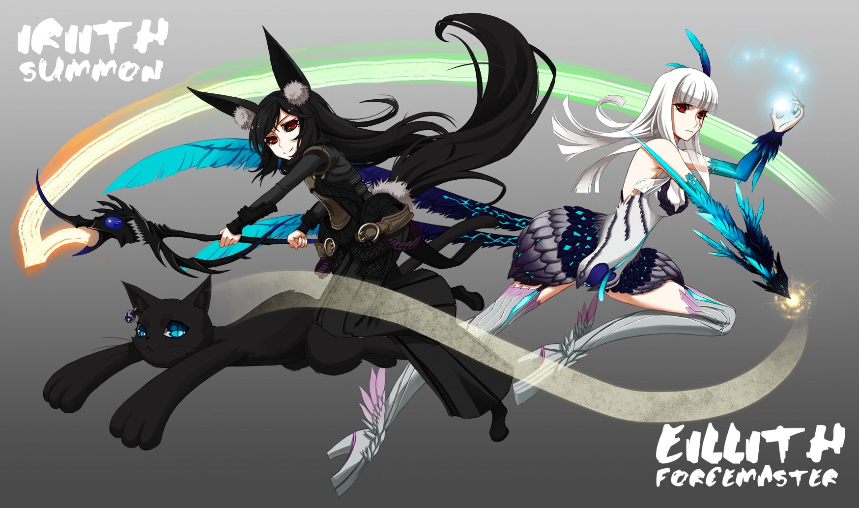 staff, fighting, arts, blade, online, hair, cross, armor, gray, rpg, action, girls, magic, tail, soul, long, 720P, martial, red, ears, eyes, blue, anime, HD Wallpaper
