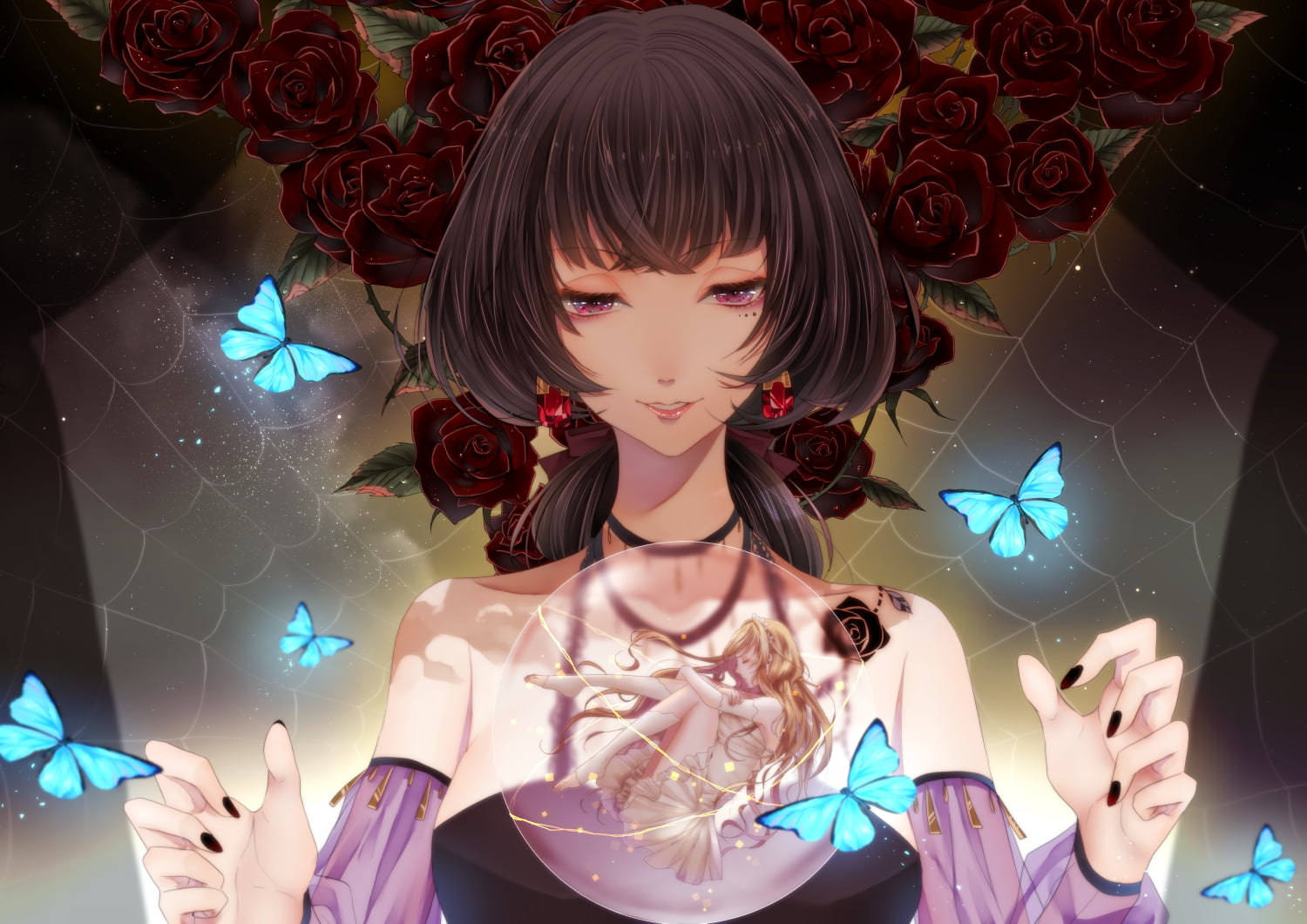 earring, long nails, stairs, yellow hair, anime girls, 720P, anime, black nails, roses, spider webs, butterflies, red eyes, tattoo, long hair, brunette, HD Wallpaper