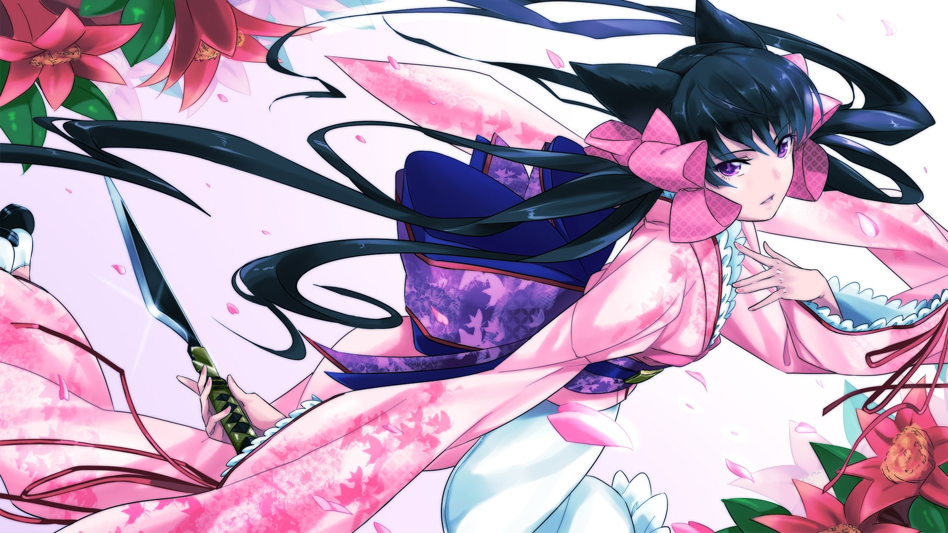 youkai, hd, Flowers, eyes, weapons, zakuro, purple, cats, 720P, animal, otome, animals, Dress, flower, ears, art, nekomimi, yukat, blade, petals, HD Wallpaper