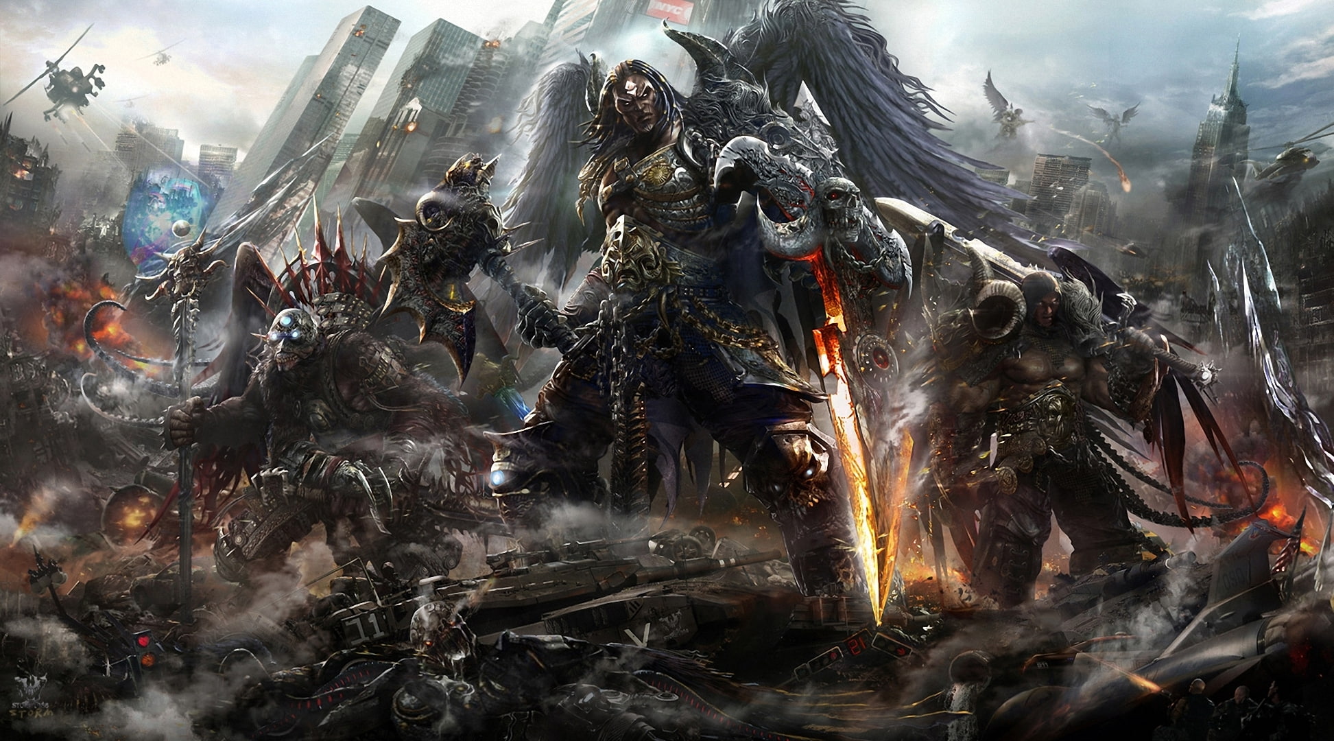 demons, games, art, Magic, 1080P, armor, warriors, monsters, battle, wings, fantasy, weapons, HD Wallpaper