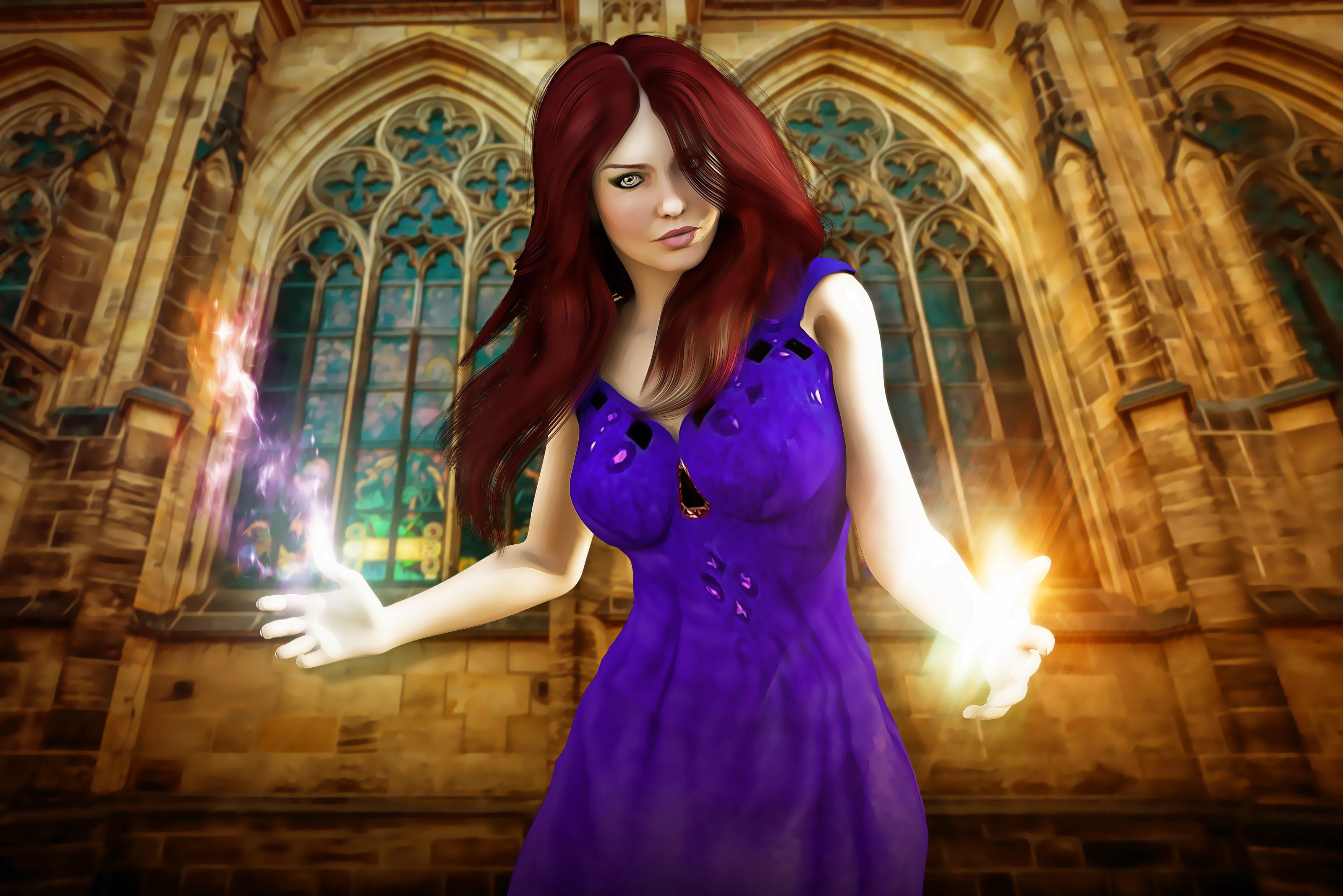 illuminated, three quarter length, cathedral, lifestyles, brown, leisure activity, one young woman only, standing, wearing, Female, fantasy, hair, magic, HD Wallpaper