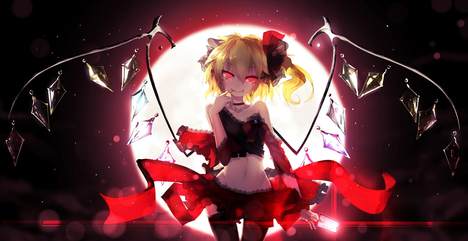 scarlet, red eyes, 1600x823, touhou, eyes, wings, moon, girls, remilia, red, remilia scarlet, 720P, anime girls, anime, HD Wallpaper