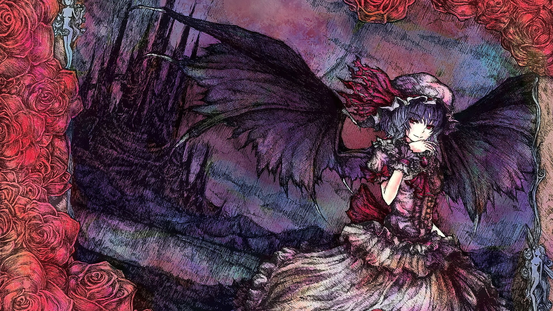 representation, plant, human representation, 1080P, looking at viewer, digital composite, outdoors, anime girls, red eyes, short hair, art and craft, purple, HD Wallpaper