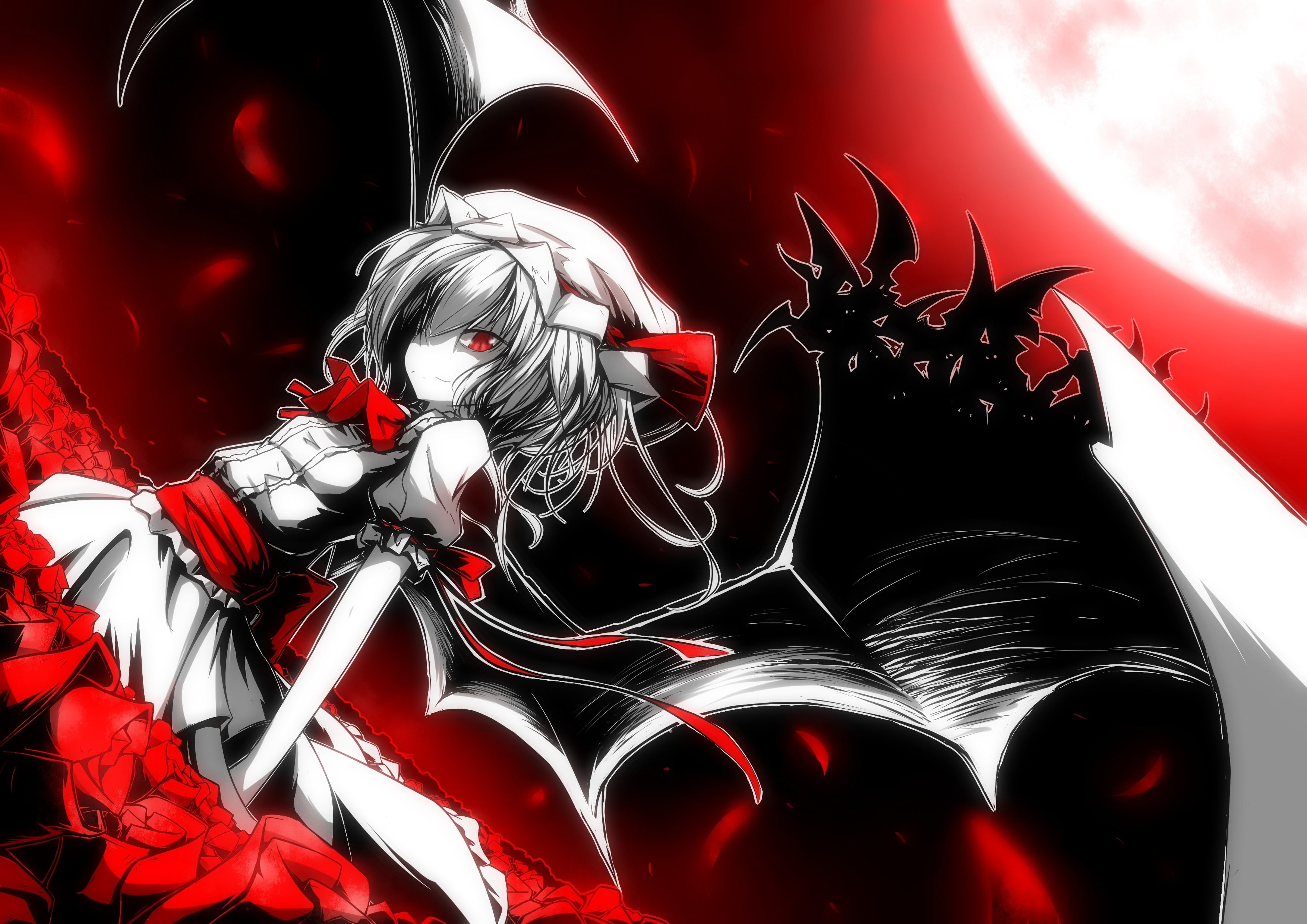 wings, rose, Moon, red eyes, 2K, ribbon, Touhou, white dress, white hair, Remilia Scarlet, HD Wallpaper