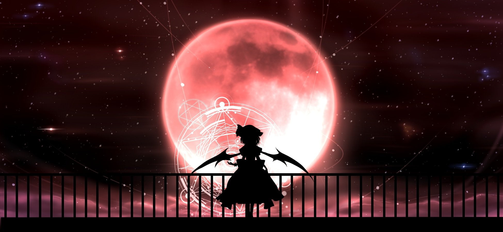 night, stars, 1080P, sky, touhou, silhouette, remilia, wings, magic, skirt, minust, hair, scarlet, short, moon, hat, HD Wallpaper