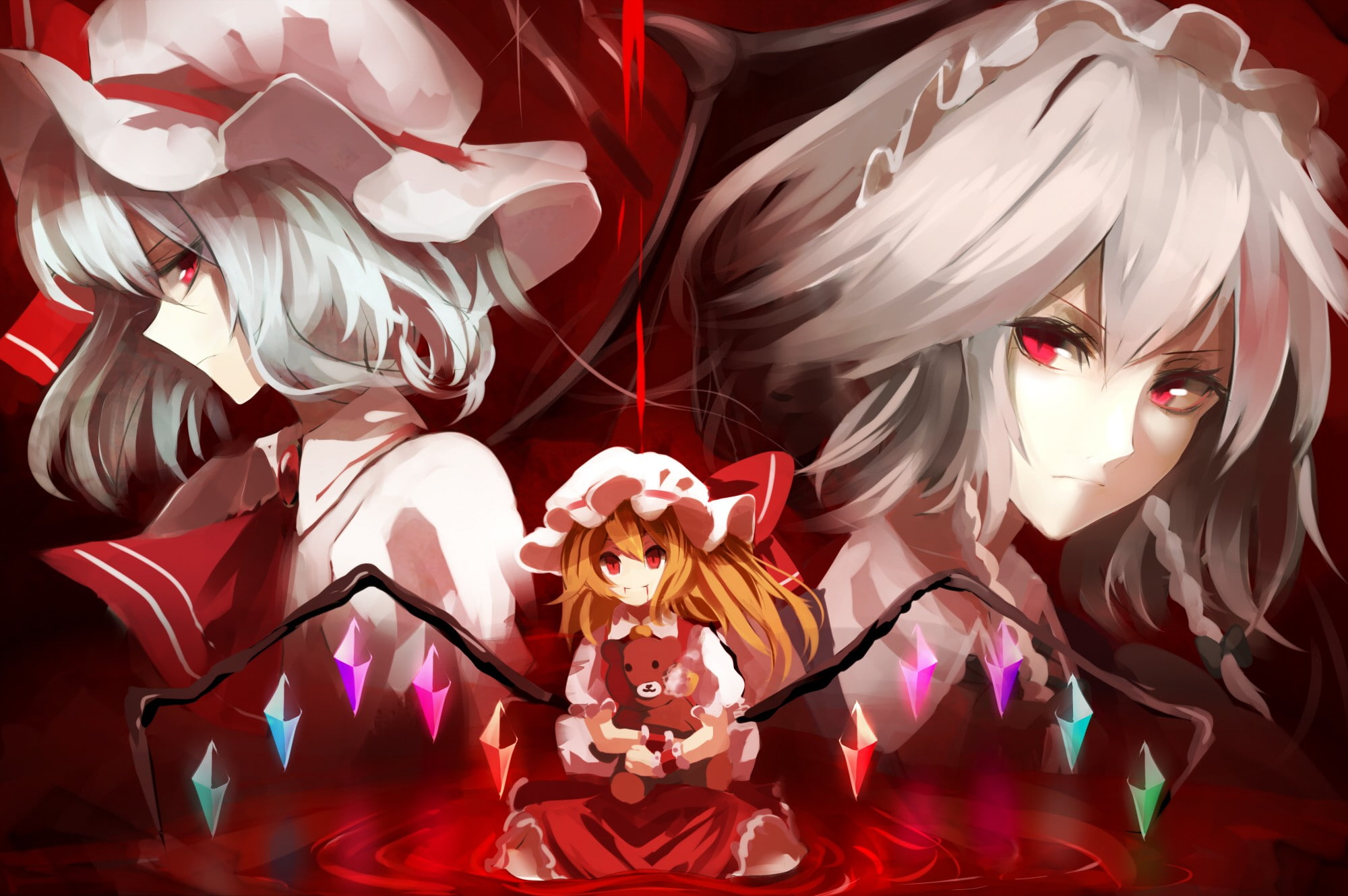 vampires, grey hair, short hair, Remilia Scarlet, anime, red eyes, 1080P, Flandre Scarlet, anime girls, Touhou, Izayoi Sakuya, HD Wallpaper