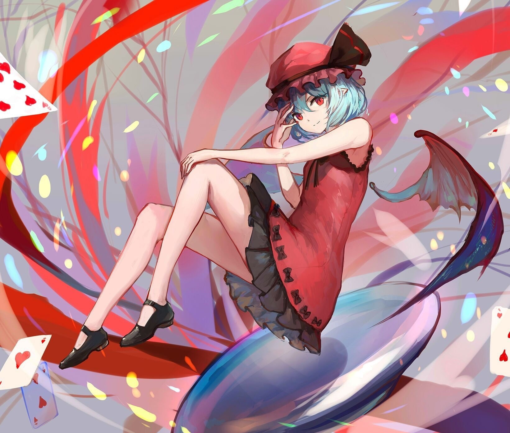 Remilia Scarlet, hat, Touhou, wings, dress, ribbon, blue hair, 720P, HD Wallpaper