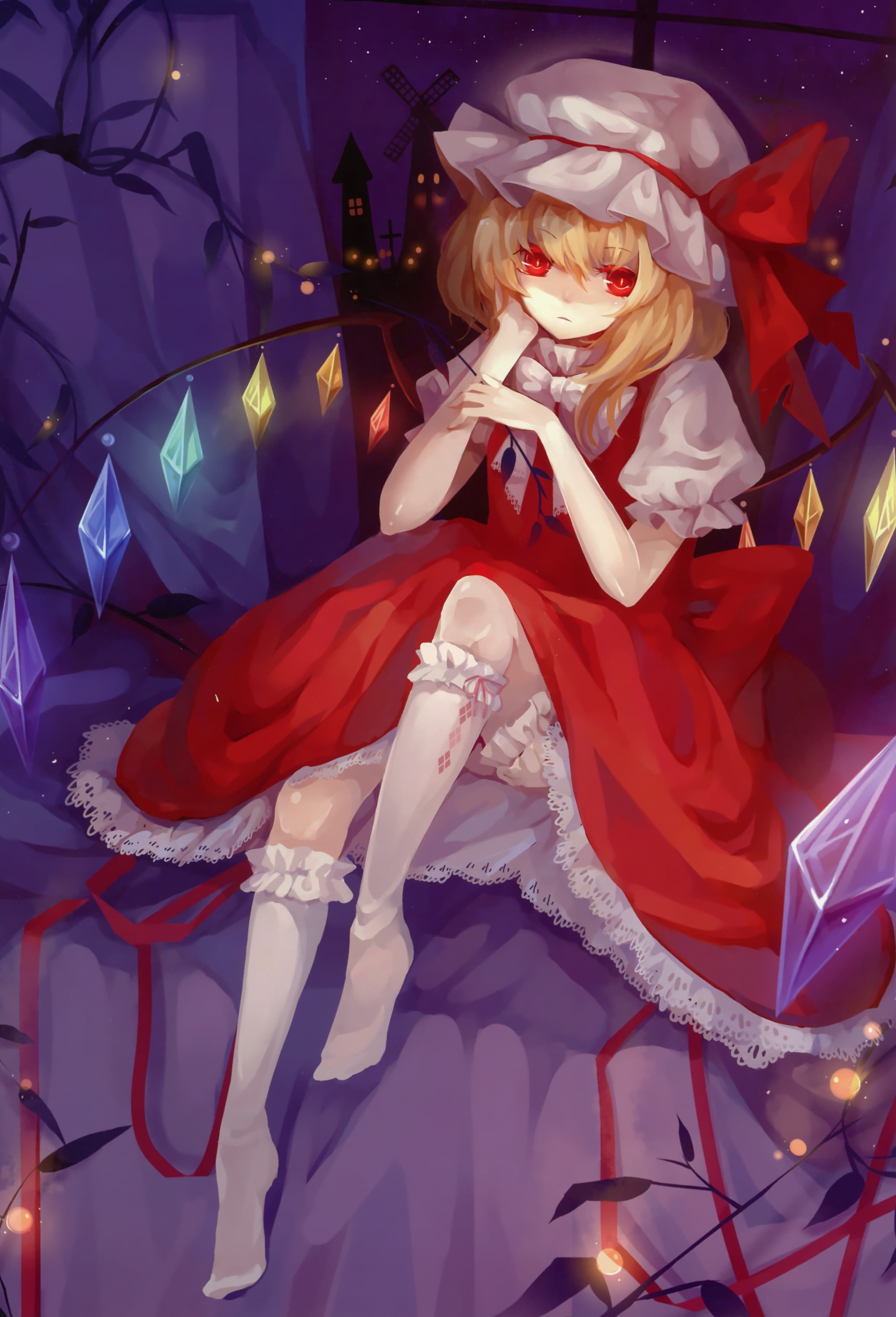 lifestyles, portrait, wings, Flandre Scarlet, dress, 2K, red eyes, dhiea, young adult, fashion, beautiful woman, beauty, young women, event, adult, clothing, Phone HD Wallpaper