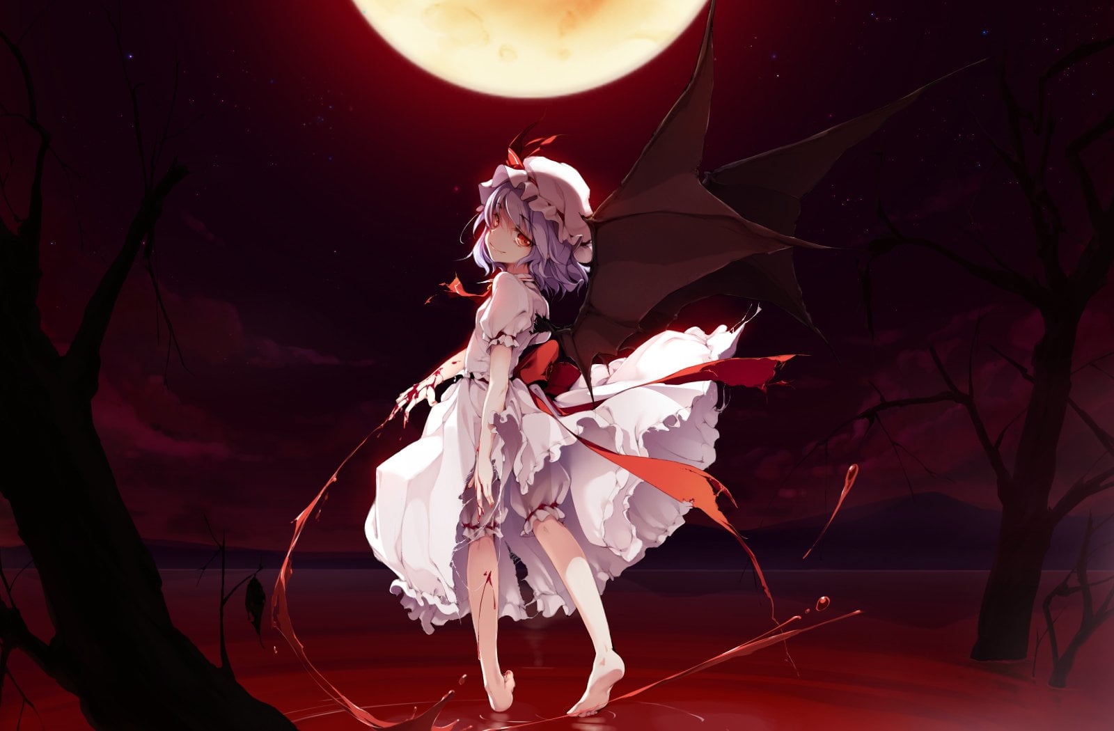 skill, women, stage, illuminated, red, Blood, Anime, 720P, creativity, textile, Dress, Wings, real people, indoors, one person, Pool, Moon, White, lighting equipment, HD Wallpaper