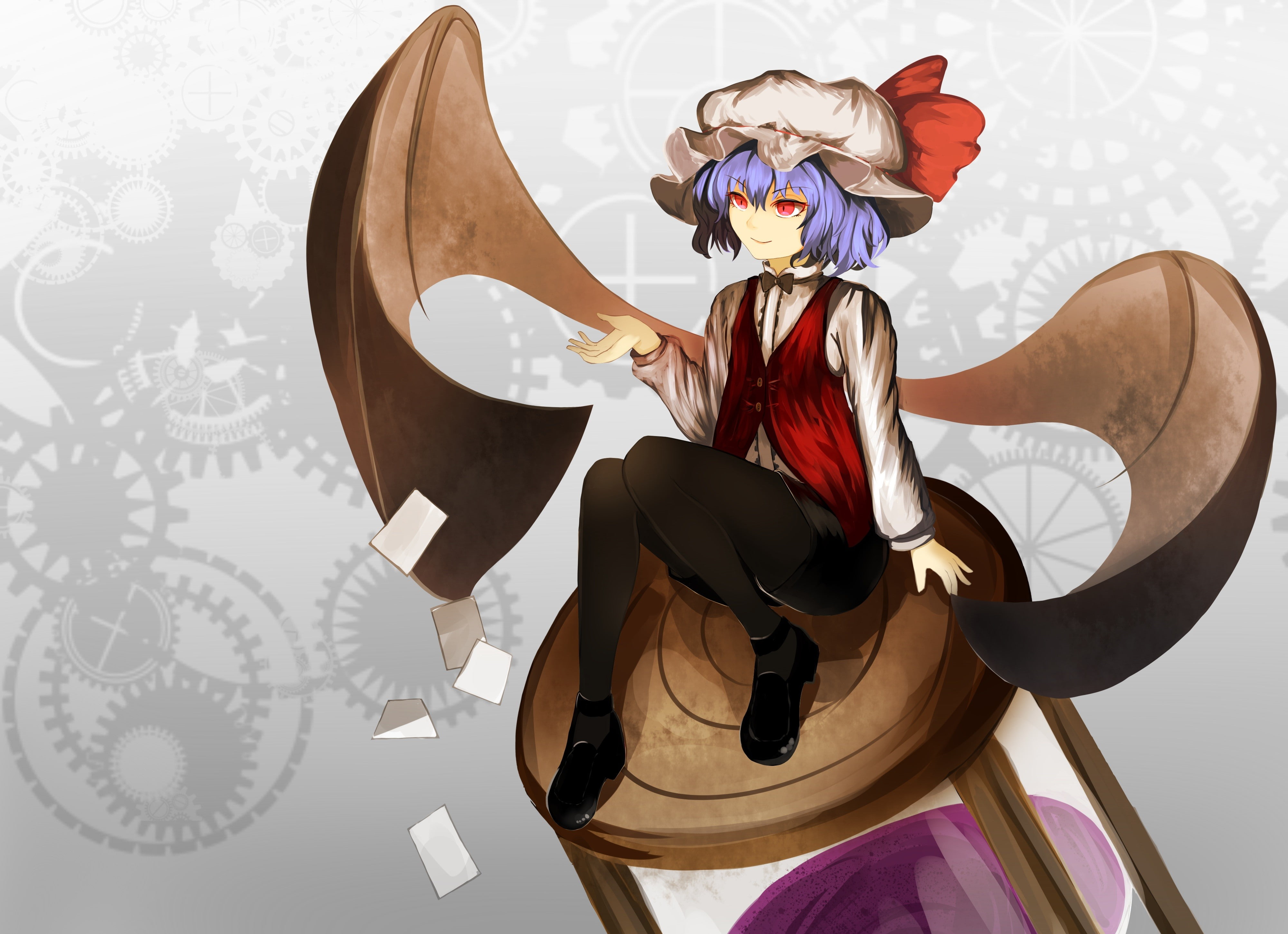 blue hair, wings, front view, women, indoors, Touhou, adult, male likeness, creativity, standing, anime, short hair, beard, three quarter length, table, HD Wallpaper