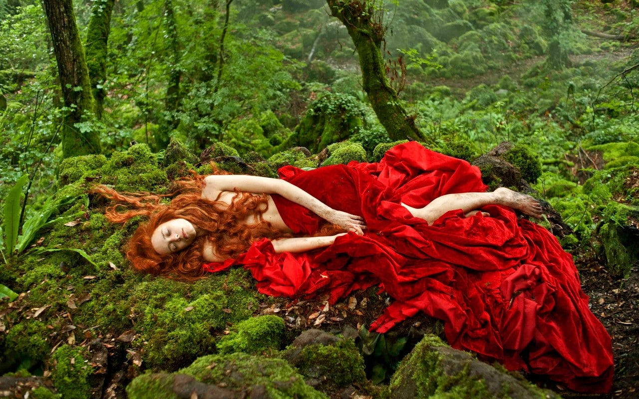 women, sleeping, moss, green, red dress, redhead, closed eyes, women outdoors, Tale of Tales, movies, 2015, wavy hair, rock, bare shoulders, model, long hair, HD Wallpaper