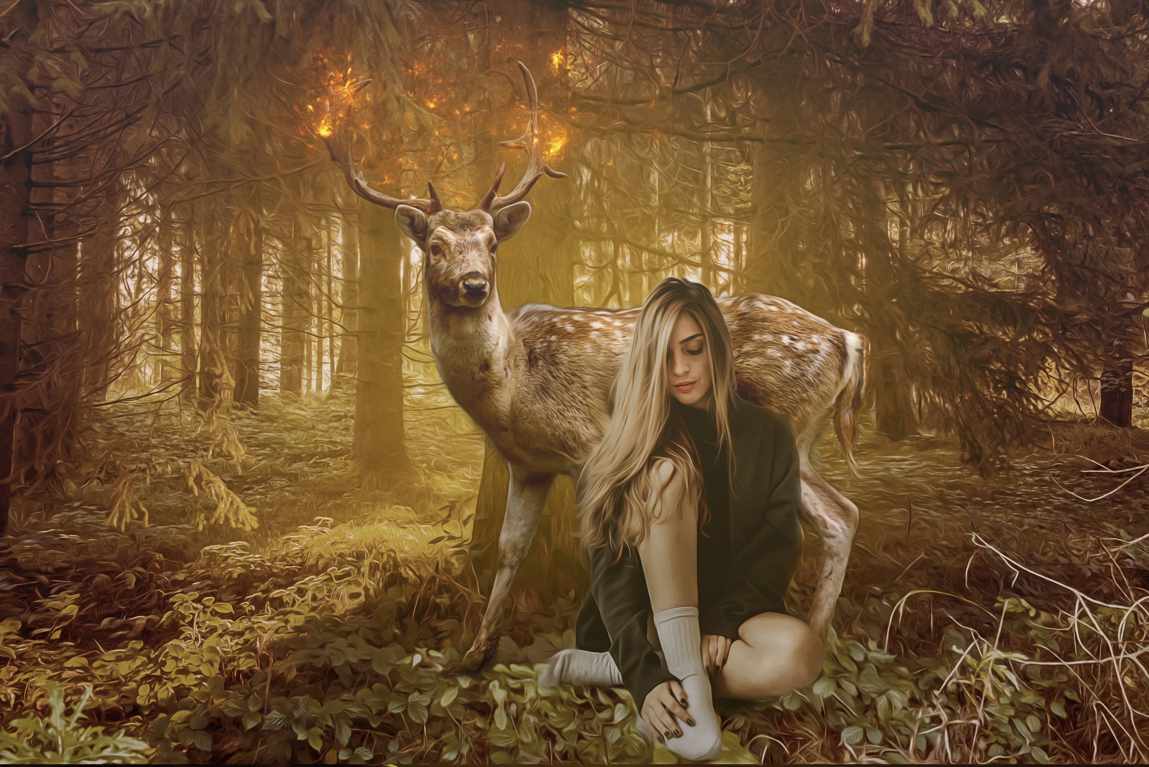 trees, feet, treatment, leaves, blonde, glade, lights, deer, 4K, long-haired, forest, photoart, fire horns, sparks, fire, jacket, fantasy, pose, socks, HD Wallpaper