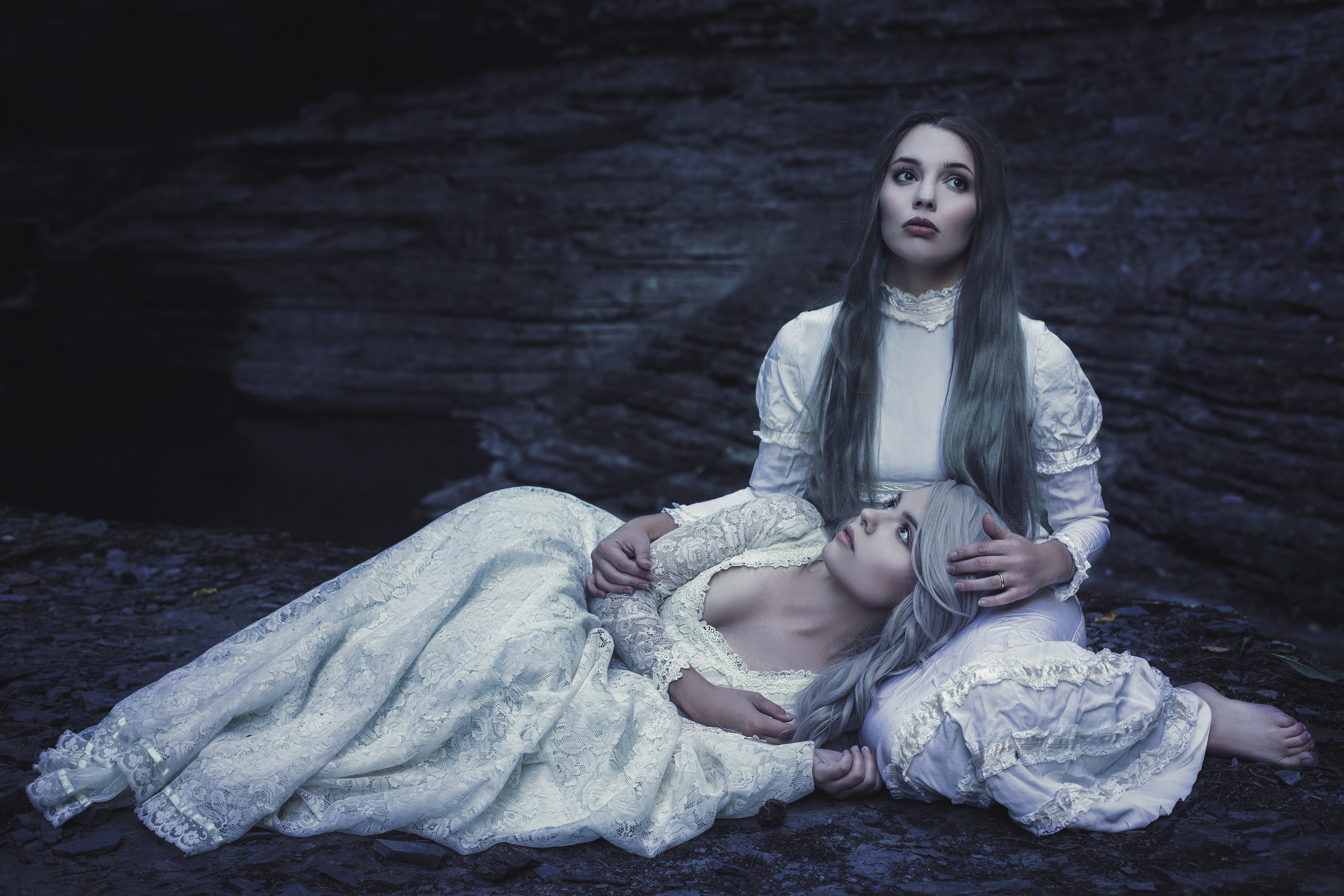 sitting, brown hair, shore, lies, rocks, nature, the situation, girls, two girls, 5K, two, blonde, dress, neckline, longhaired, mood, Princess, white dresses, HD Wallpaper