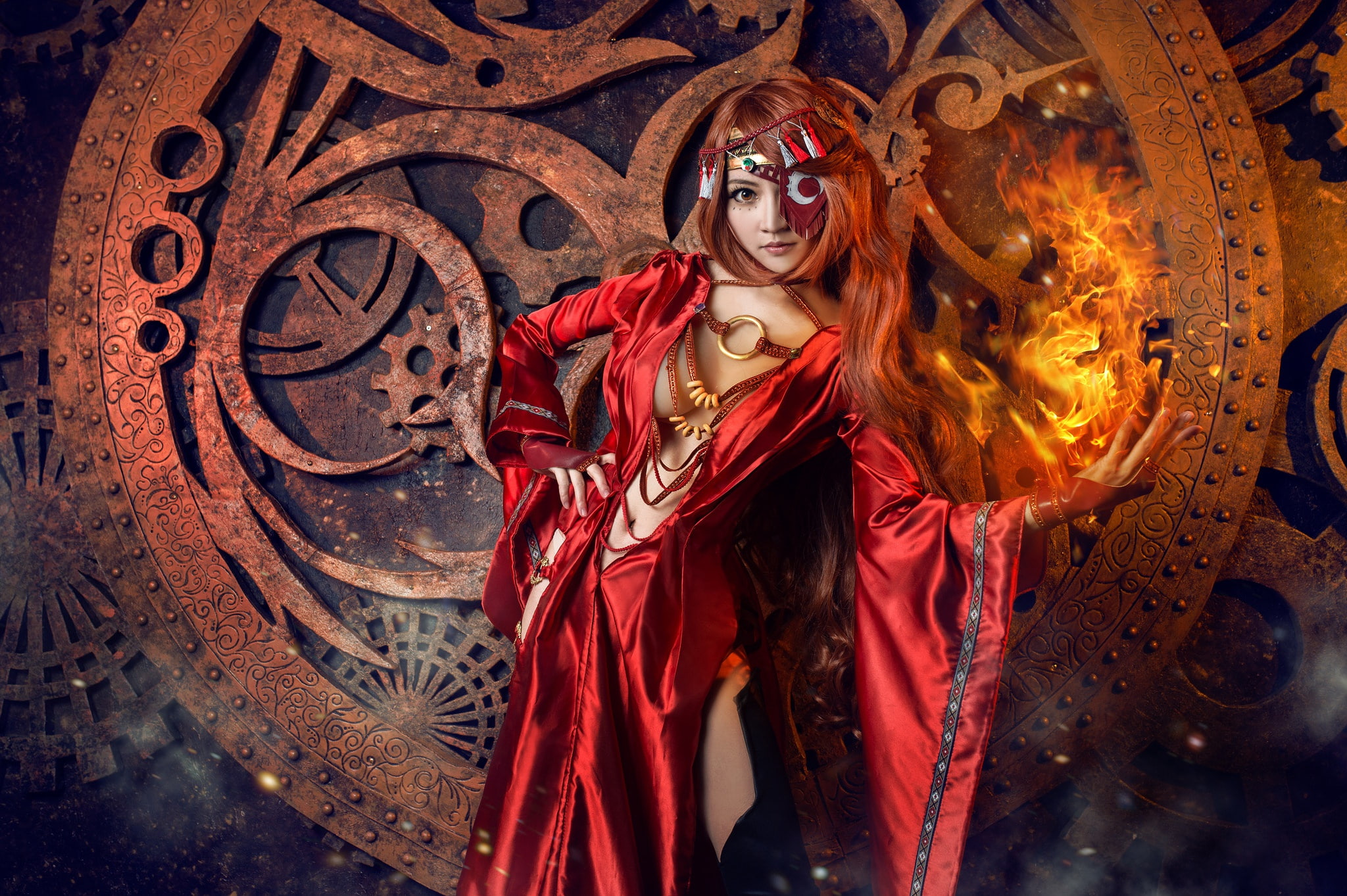 erotic, metal, Asian, red dress, curls, neckline, outfit, hands, red, image, round, flame, the dark background, style, superpowers, the witch, witchcraft, HD Wallpaper
