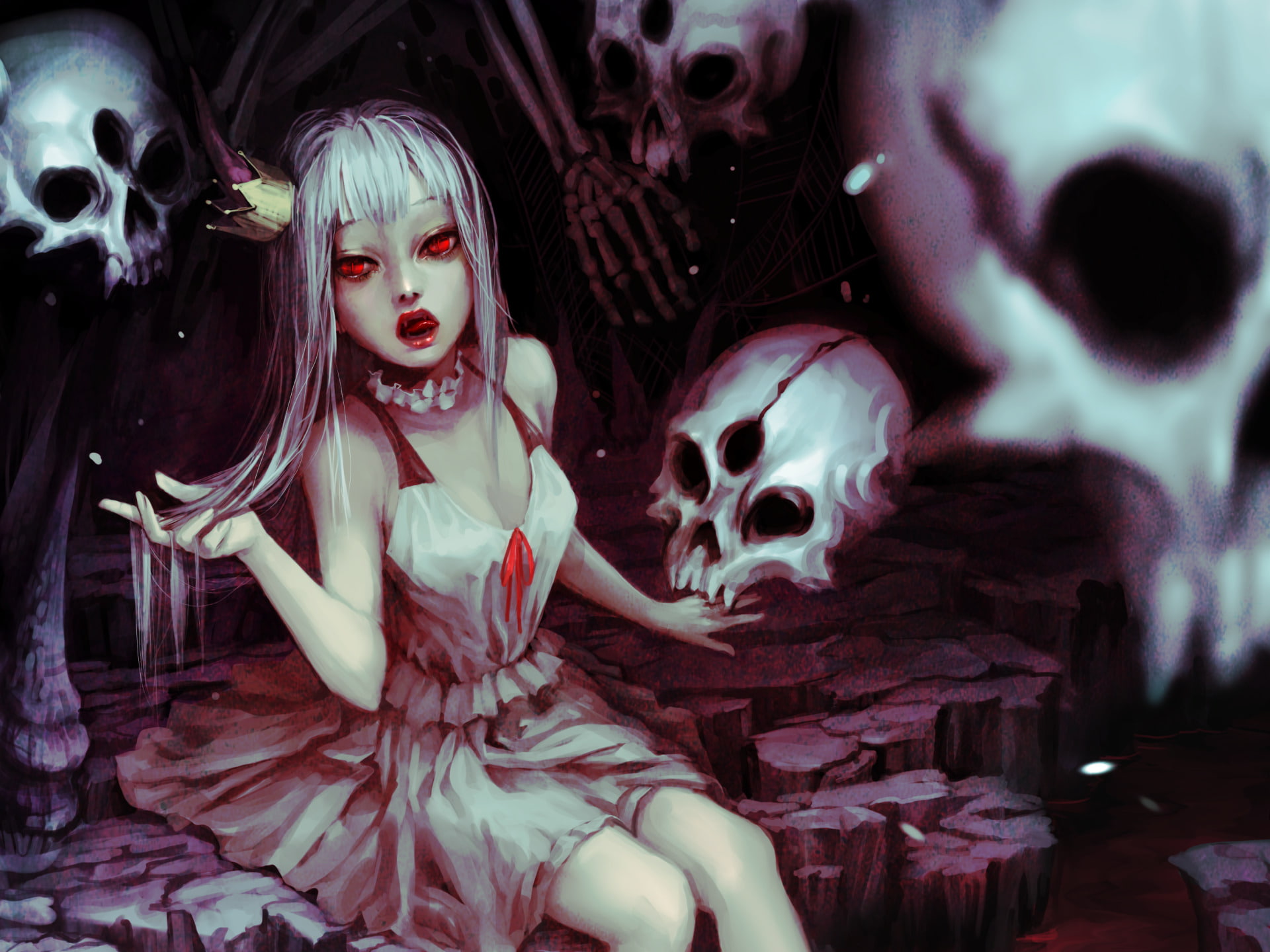 Blood, close-up, 1080P, representation, Girl, Fantasy, Vampire, White Hair, Anime, human skeleton, Crown, human representation, retail, art and craft, HD Wallpaper
