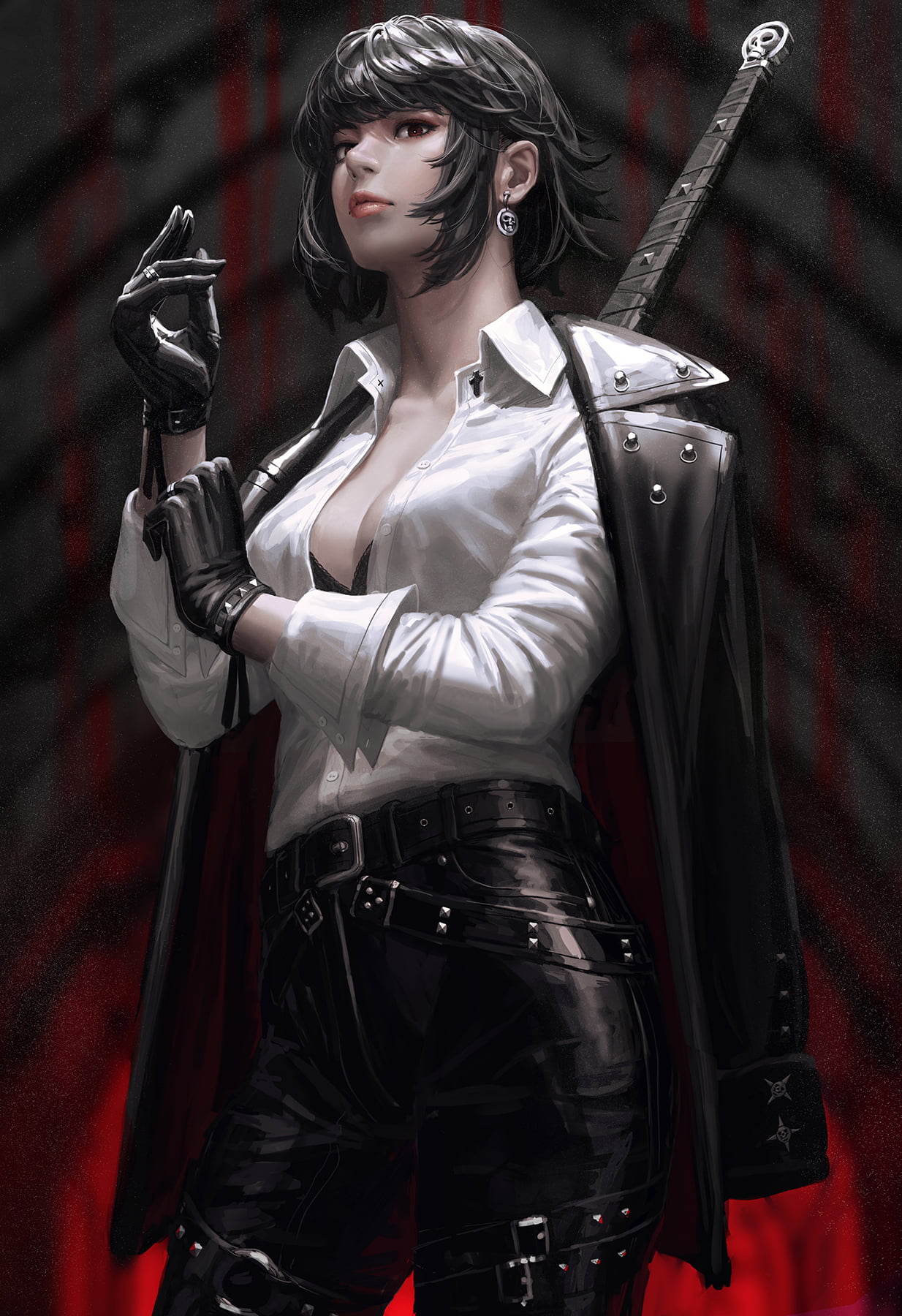 720P, leather, black clothing, Bad guys, sword, GUWEIZ, leather jackets, digital painting, women, jacket, gloves, digital art, cleavage, artwork, Phone HD Wallpaper