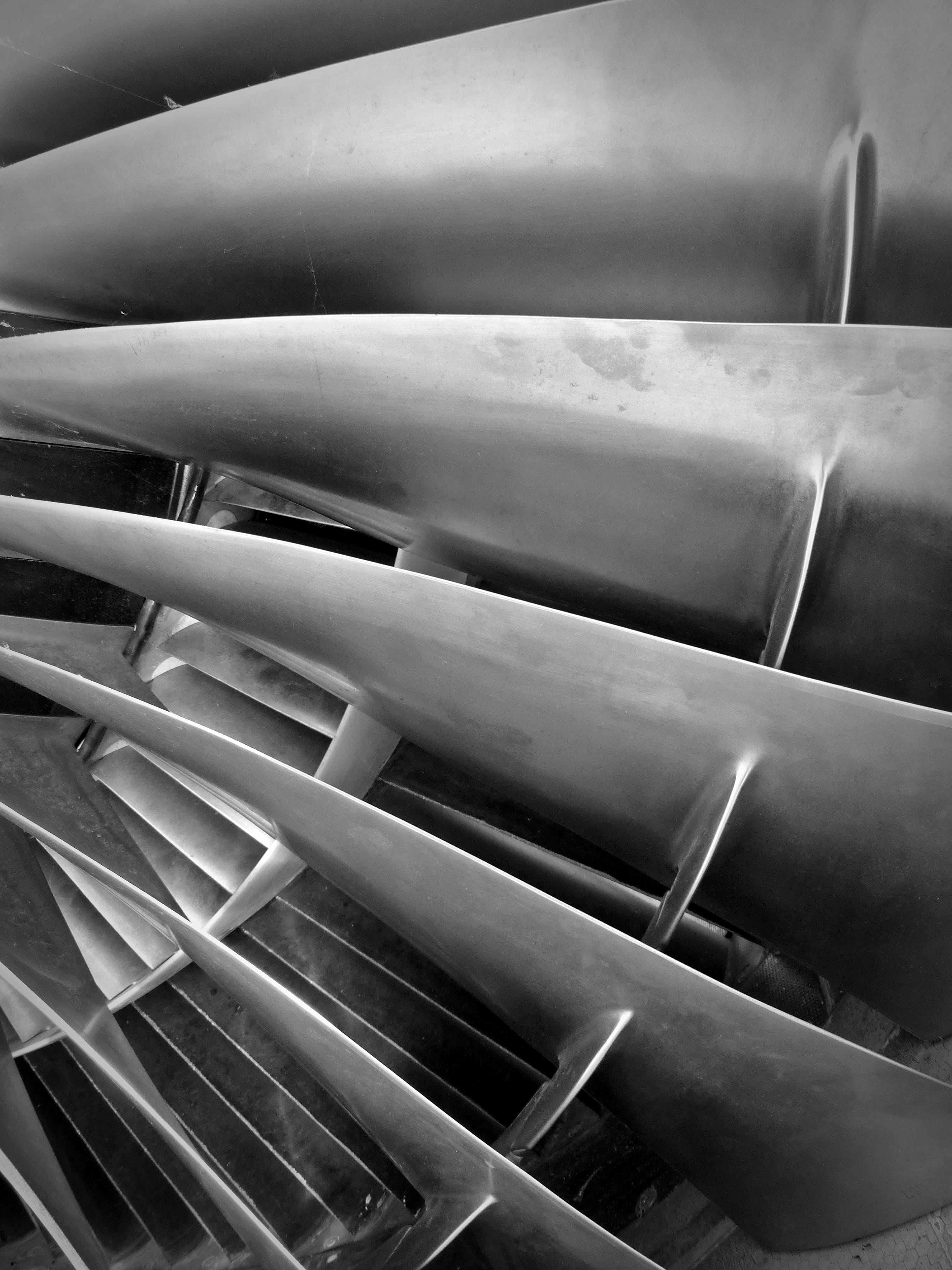 boost, still life, modern, turbine, black And White, indoors, motor, steel, rotor, group, in a row, architecture, aviation, arrangement, stack, full frame, Phone HD Wallpaper