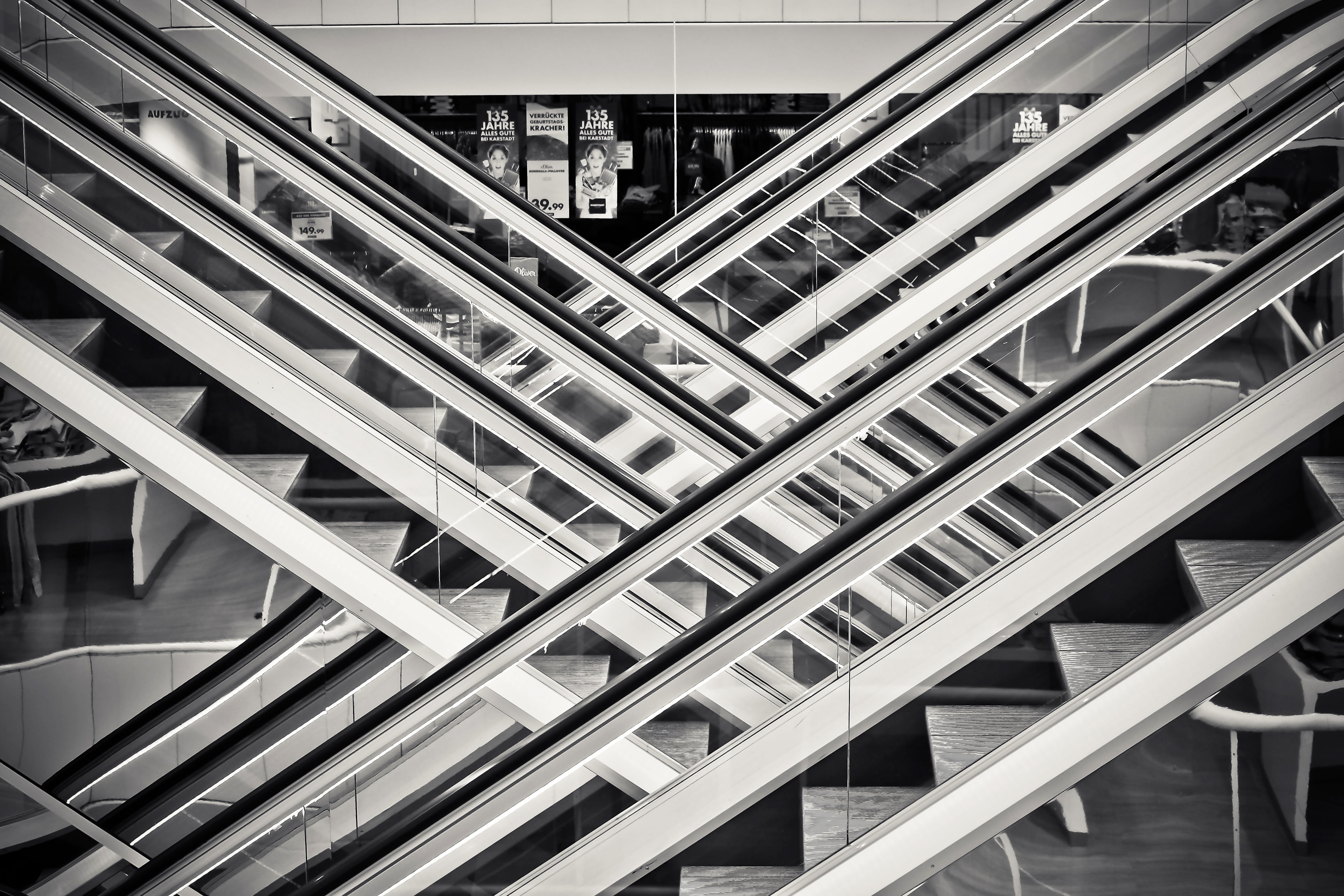 backgrounds, escalators, staircase, purchasing, shopping, no people, close-up, black, city, sunlight, shopping centre, connection, steel, company, scale, HD Wallpaper