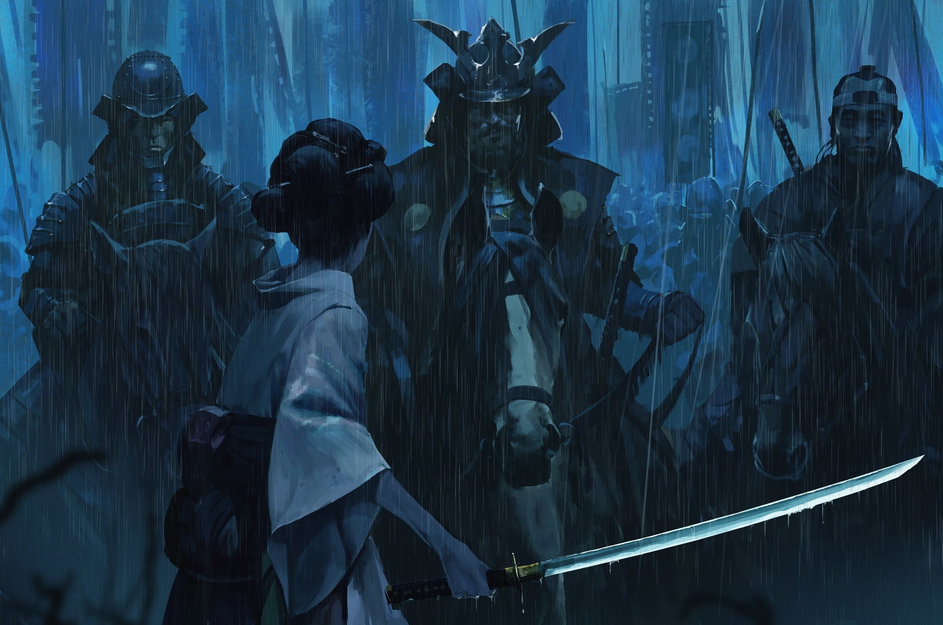 General, Vital Sinai, the shower, armor, katana, art, banners, back, 1080P, samurai, Japan, Japanese, army, warlord, helmet, courage, HD Wallpaper