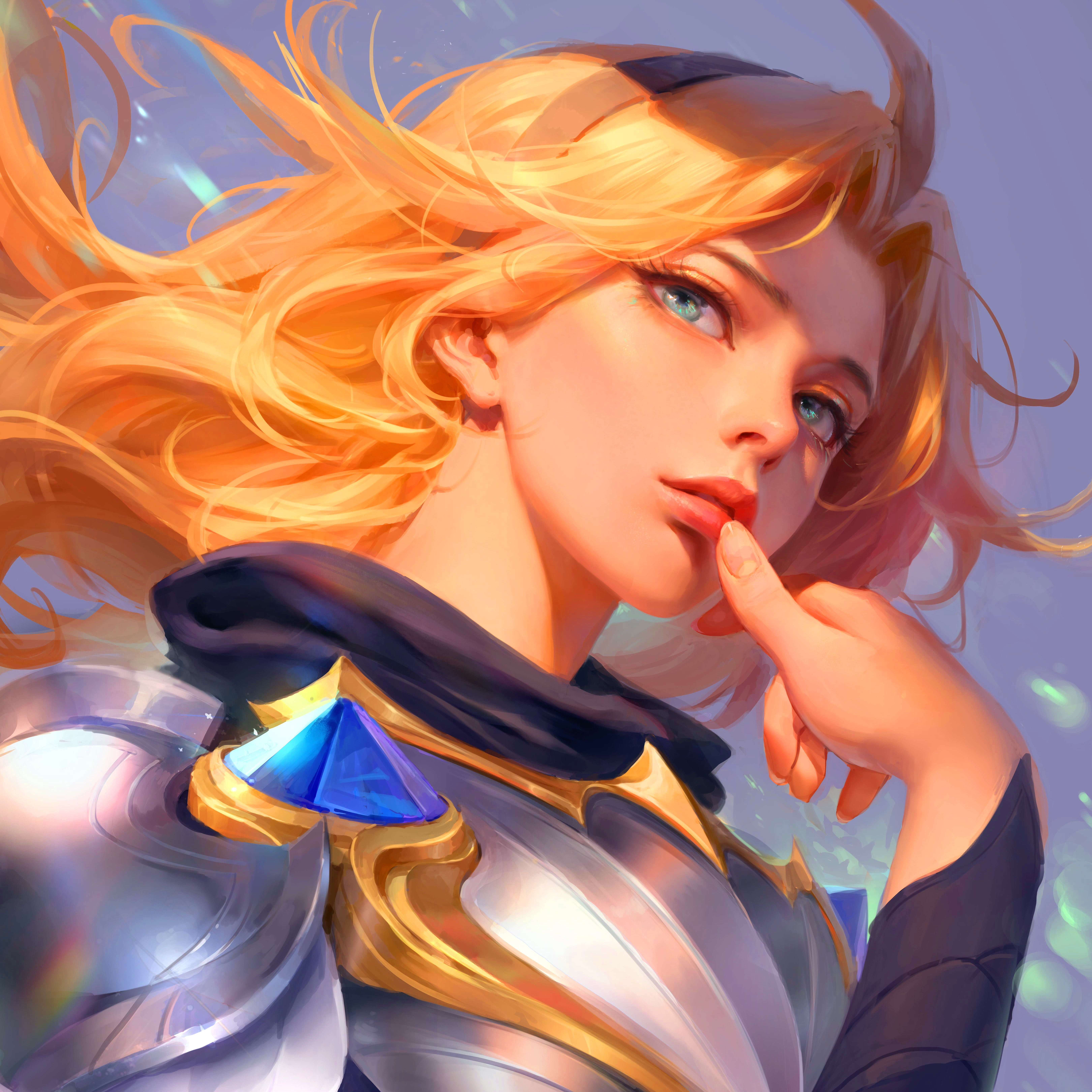blonde, fantasy girl, League of Legends, armor, video games, fantasy art, women, 5K, finger on lips, Armored, blue eyes, warrior, artwork, Lux (League of Legends), Phone HD Wallpaper