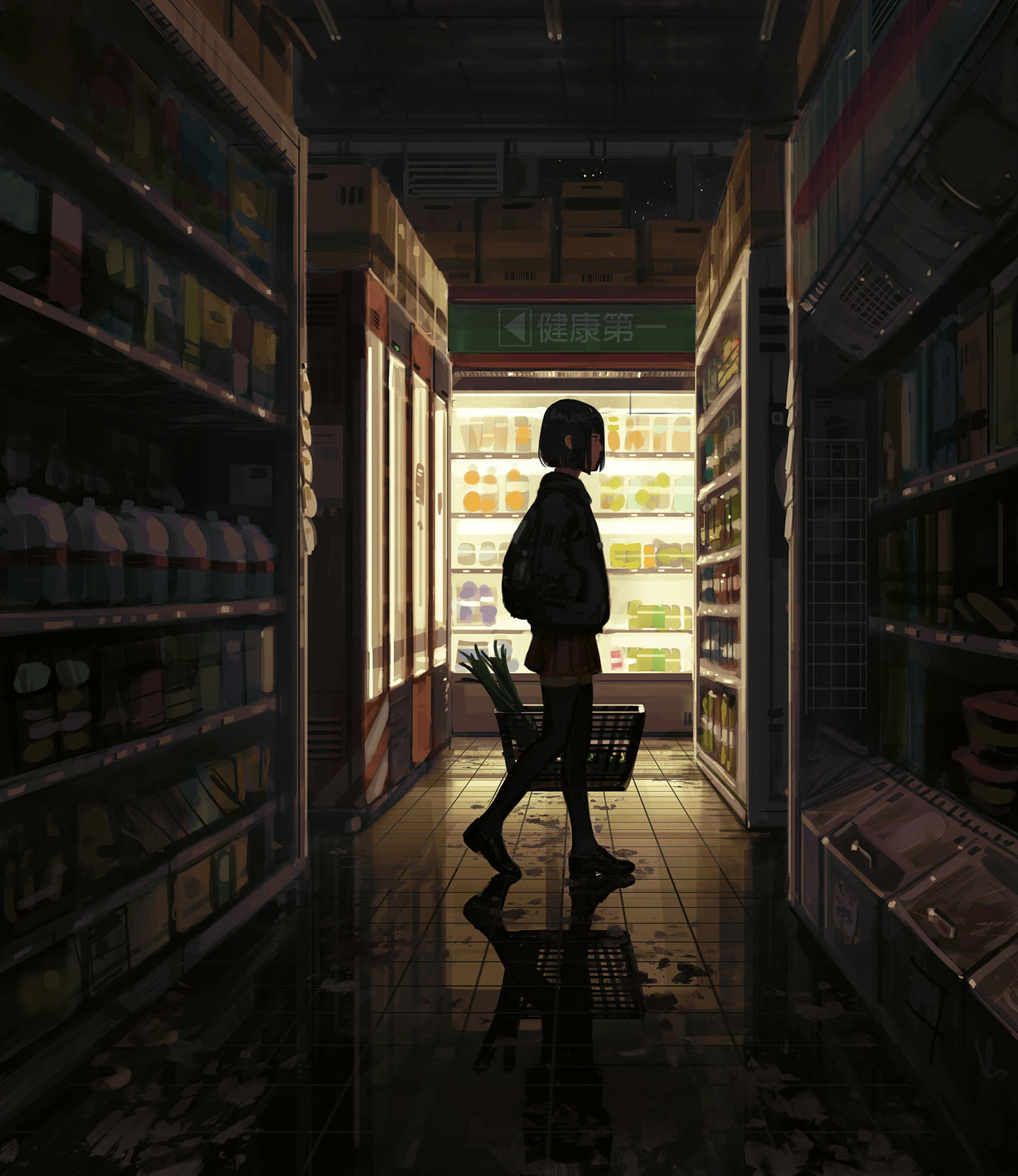 stores, digital painting, supermarket, portrait display, GUWEIZ, digital art, women, school uniform, fictional character, 720P, artwork, schoolgirl, drawing, Phone HD Wallpaper