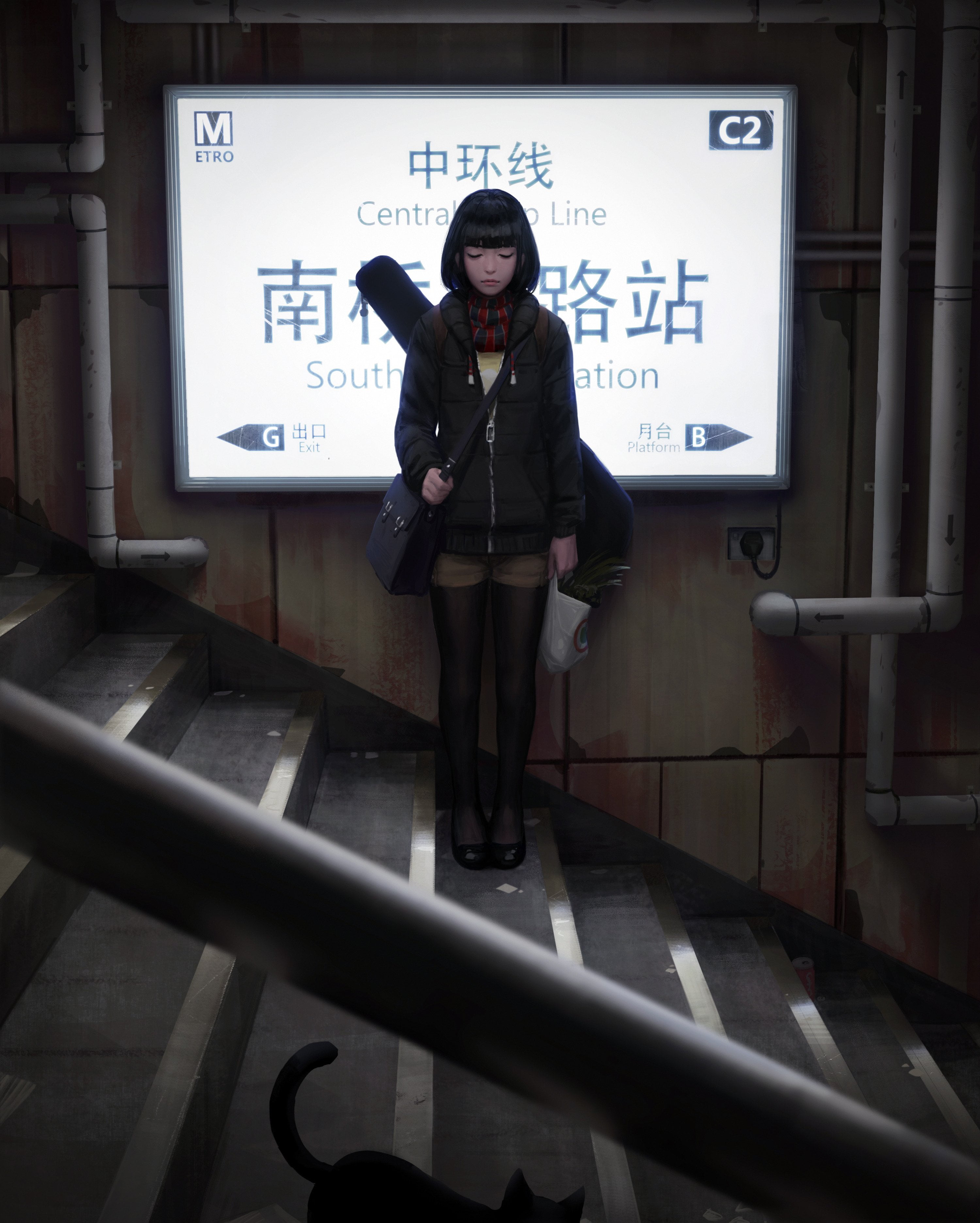 drawing, GUWEIZ, train station, subway, artwork, digital art, cats, guitar, 2K, Phone HD Wallpaper