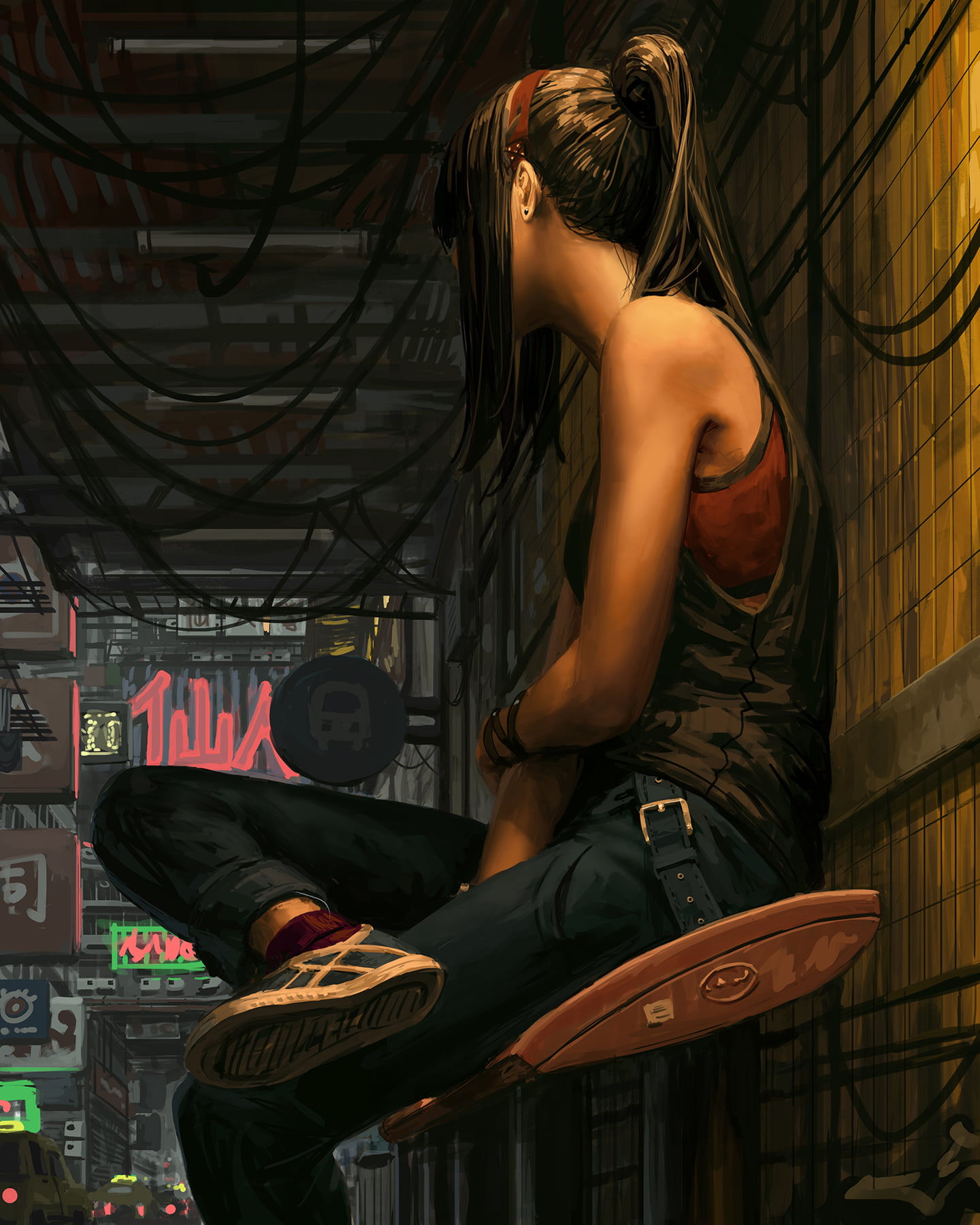 women, GUWEIZ, digital art, legs crossed, looking out window, 720P, digital painting, artwork, Phone HD Wallpaper