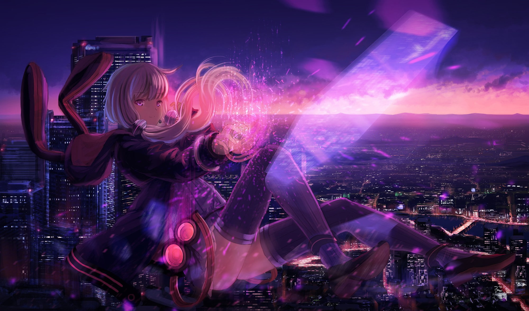 dancing, cityscape, emotion, smiling, women, anime girls, happiness, music, young adult, disco dancing, Vocaloid, night, one person, adult, 1080P, enjoyment, HD Wallpaper