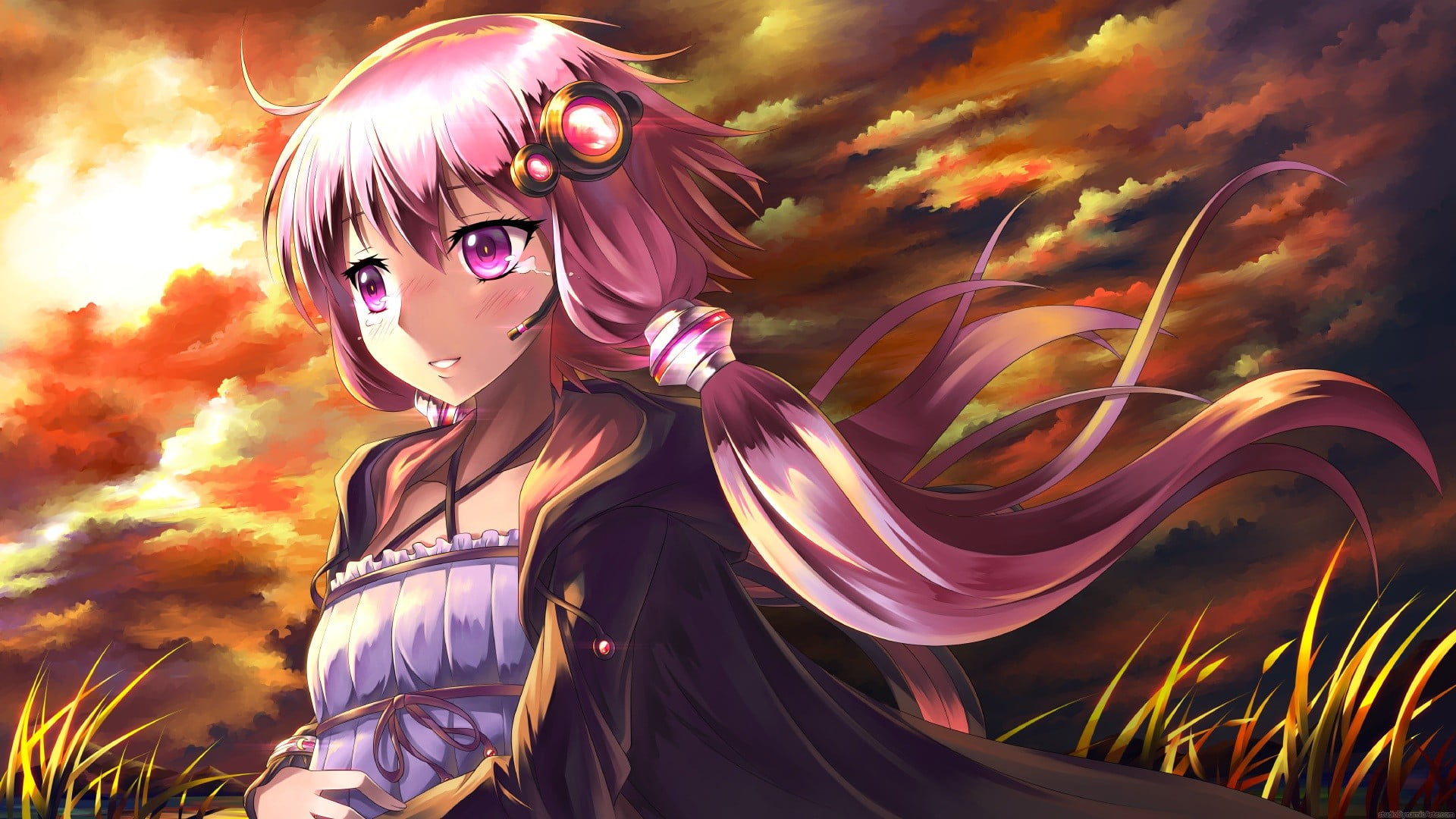 outdoors, real people, young adult, sunset, costume, multi colored, purple, three quarter length, women, Yuzuki Yukari, adult, one person, 1080P, digital composite, HD Wallpaper