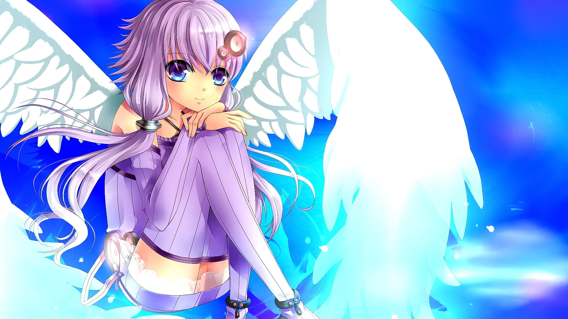 event, purple, thigh-highs, Vocaloid, arts culture and entertainment, fashion, purple hair, Yuzuki Yukari, anime girls, wings, indoors, adult, costume, HD Wallpaper