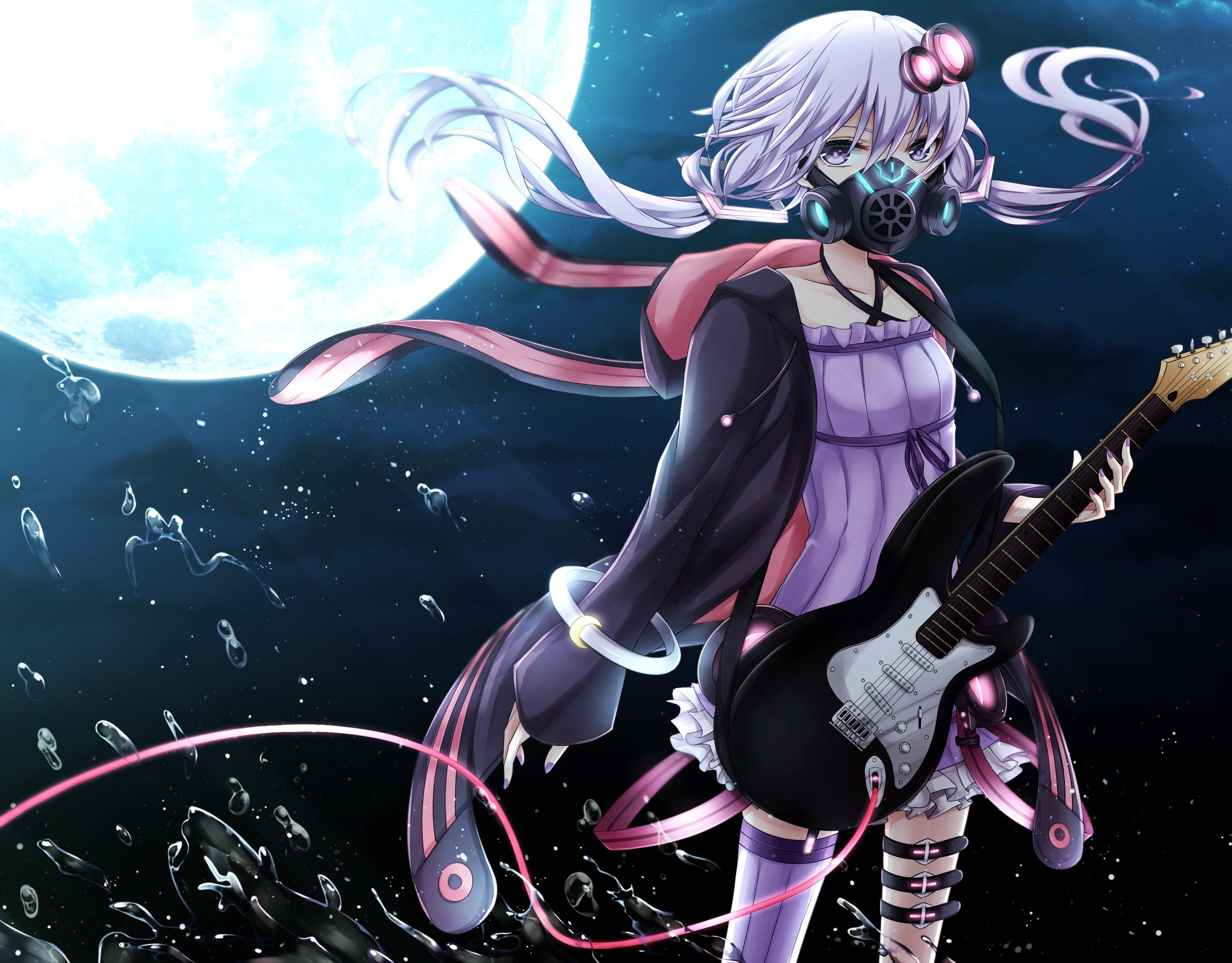 electric guitar, Moon, digital composite, clothing, Yuzuki Yukari, day, outdoors, women, three quarter length, anime, real people, holding, arts culture and entertainment, HD Wallpaper