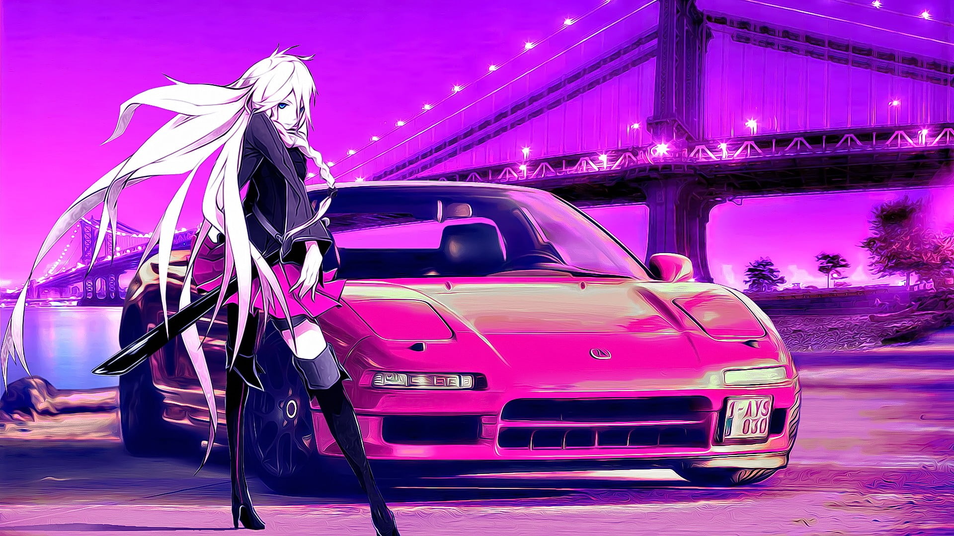 car, sky, electricity, outdoors, street, 1080P, adult, water, pink color, illuminated, Vocaloid, motor vehicle, standing, purple, anime, blonde, motion, HD Wallpaper