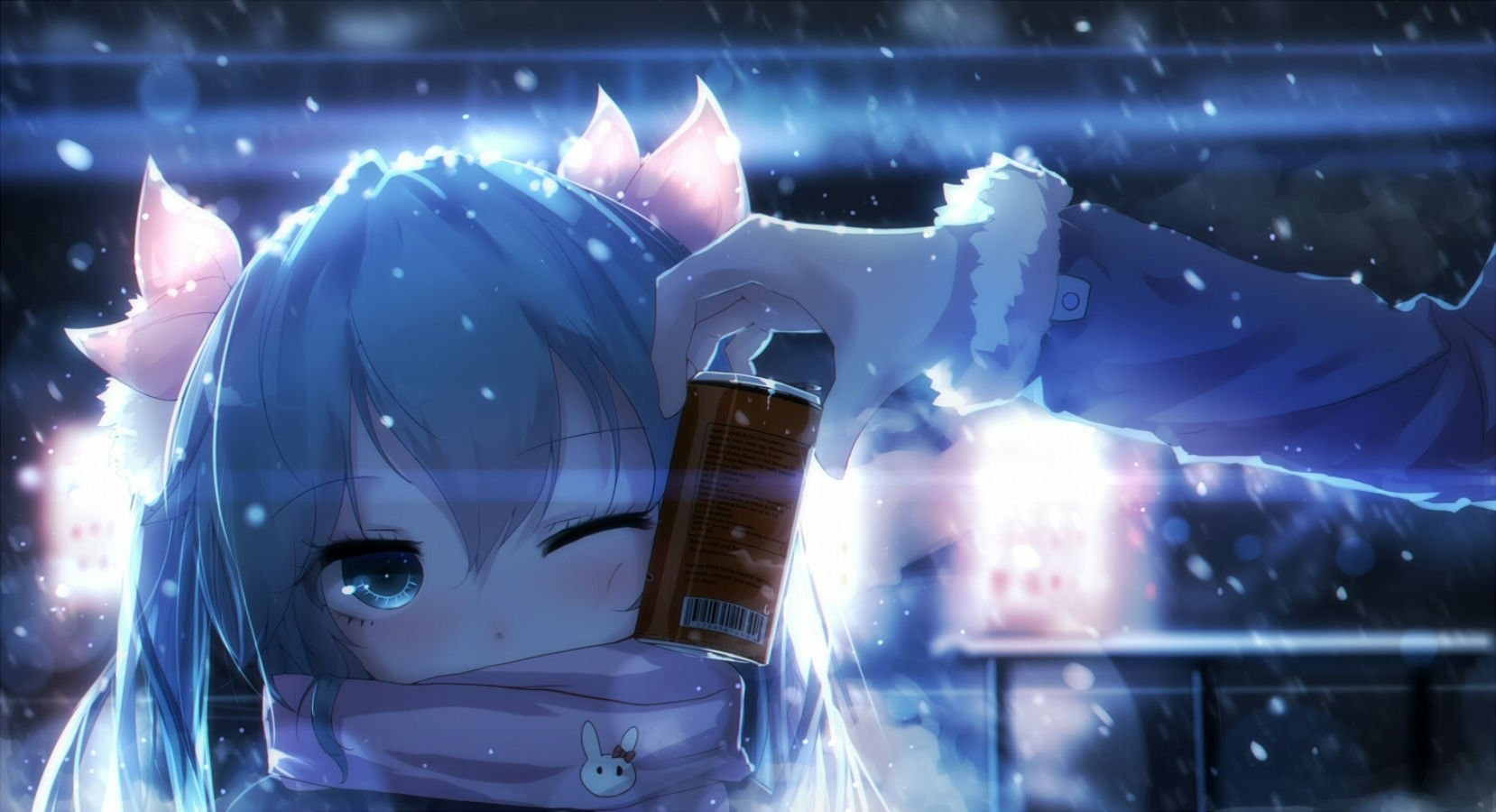 hatsune miku, coffee, winter, 720P, Anime, cute, vocaloid, snow, scarf, HD Wallpaper