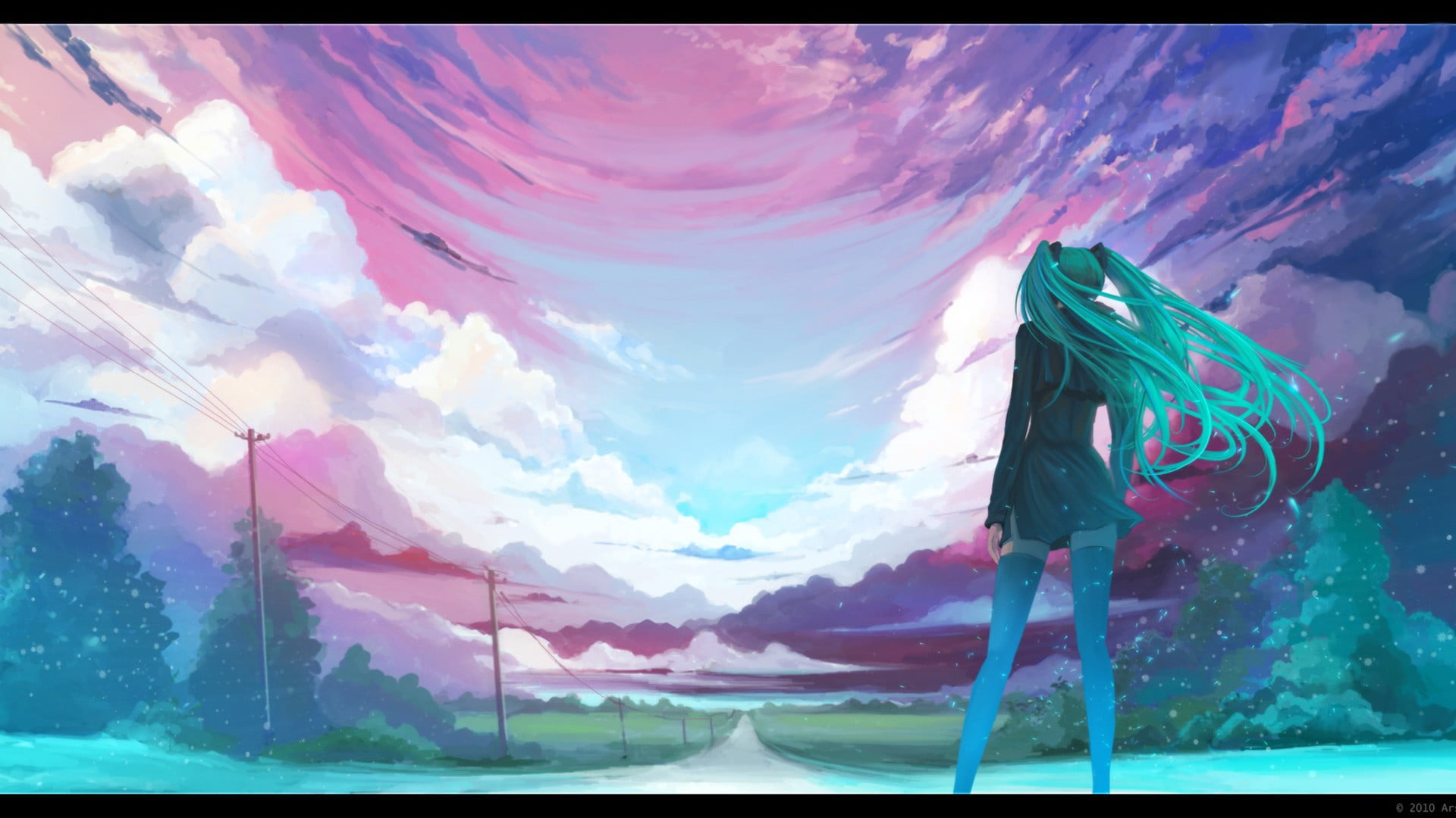 day, outdoors, water, anime girls, no people, road, mountain range, nature, sea, beauty in nature, hatsune, cloud - sky, pink color, clouds, HD Wallpaper