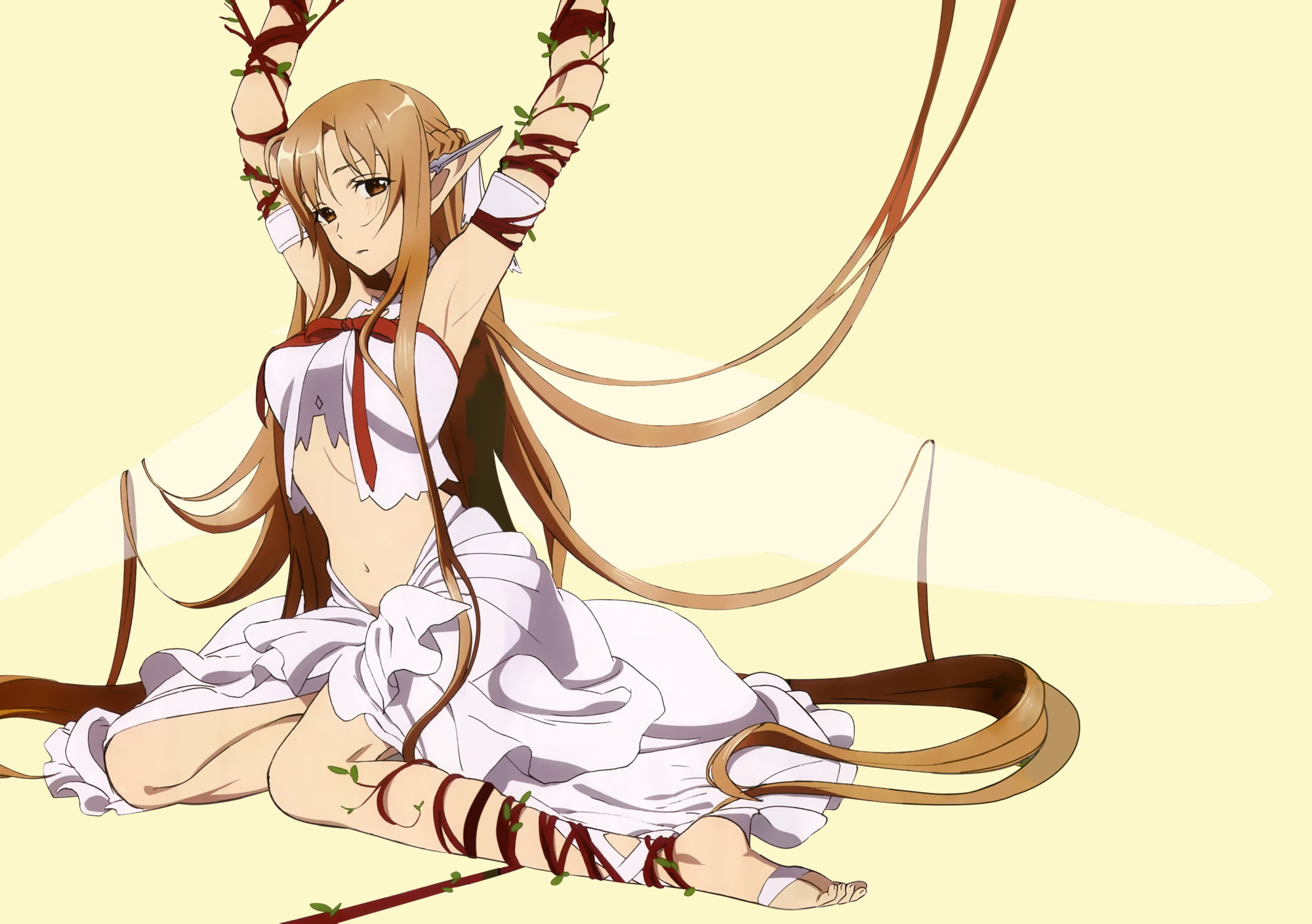 artist, long, asuna, eyes, 1080P, art, elf, brown, online, tagme, yuuki, hair, bondage, sword, HD Wallpaper