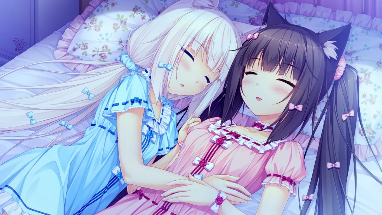 catgirl, nekopara, ears, girls, 720P, vanilla, long, sleeping, game, chocola, hair, animal, sayori, (sayori), bed, HD Wallpaper