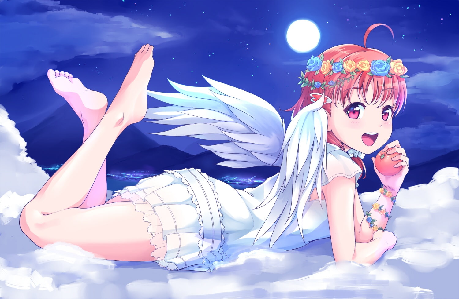 hair, takami, barefoot, short, angel, konachan, 720P, sunshine!!, school, clouds, 243196, project, live!, love, idol, wings, food, fruit, pink, dress, HD Wallpaper